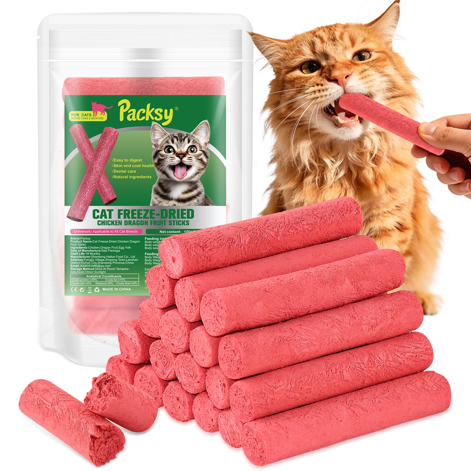 100g/3.52oz Freeze-Dried Chicken &amp; Dragon Fruit Sticks for Cats,High-Protein, All-Natural Treats,Irresistible Flavor &amp; Crunchy Texture,Perfect for Training &amp; Rewards