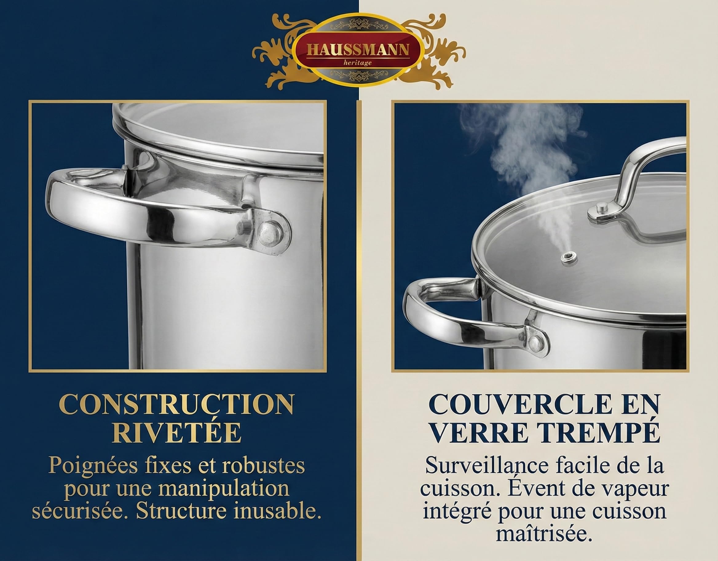 Haussmann Héritage - Couscoussier 3 en 1 Acier Inoxydable (4L/18x15x8cm) - Cuit Vapeur & Faitout - Inclut Panier à Semoule - Couvercle Verre - Compatible Induction & Lave-vaisselle - Sans PFOA