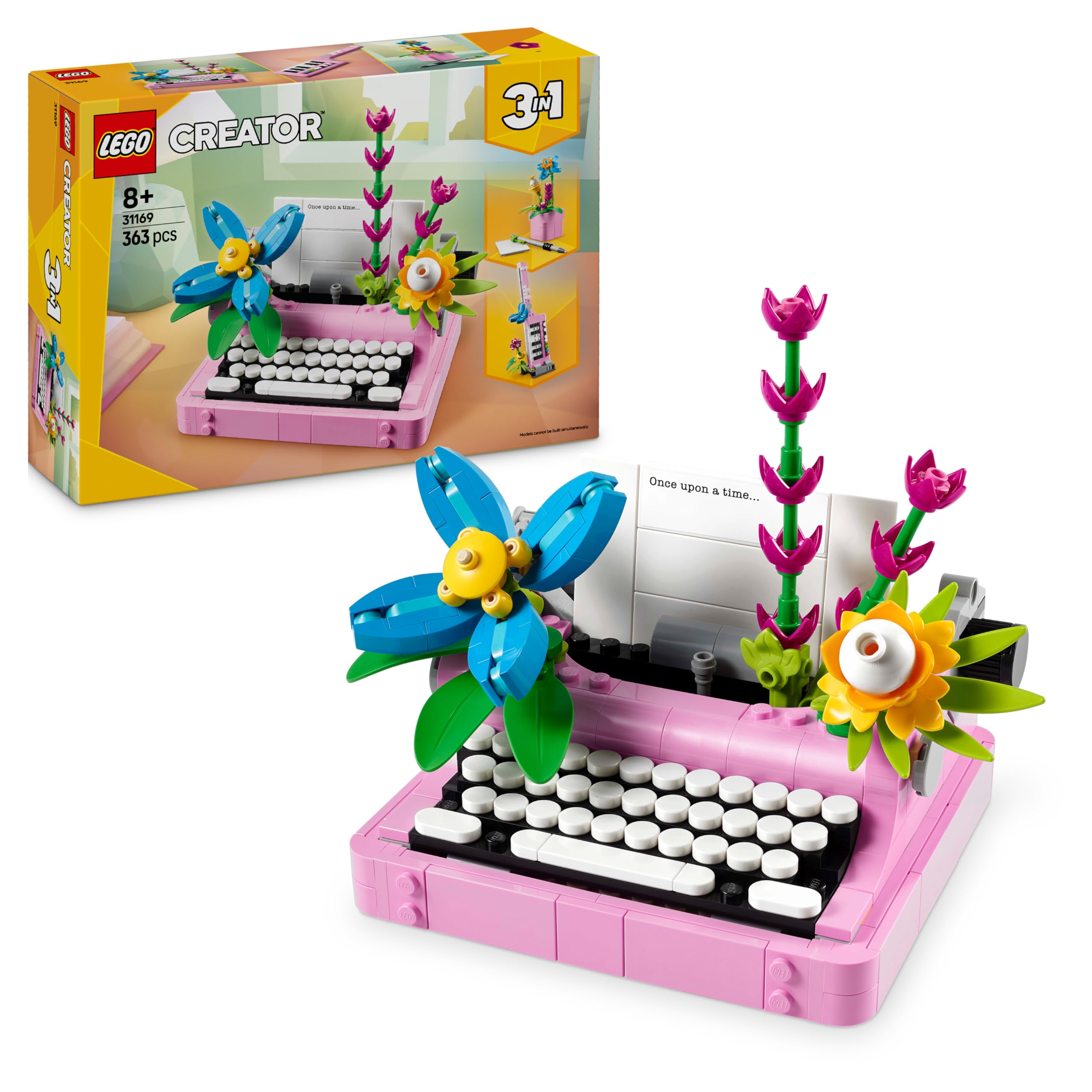 Creator 3in1 Typewriter with Flowers Toy - Transforms into a Keytar Model or a Flowerpot with Pen & Notebook - Building Set for 8+ Year Old Girls & Boys - Creative Birthday Gift - 31169