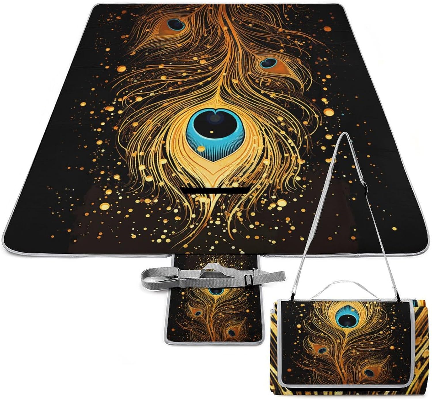 Picnic Blankets Peacock Feather Gold Design Printed Outdoor Beach Blanket Square Picnic Mat Foldable Outdoor Blanket for Spring Summer Camping, Beach, Park, Patio on Grass