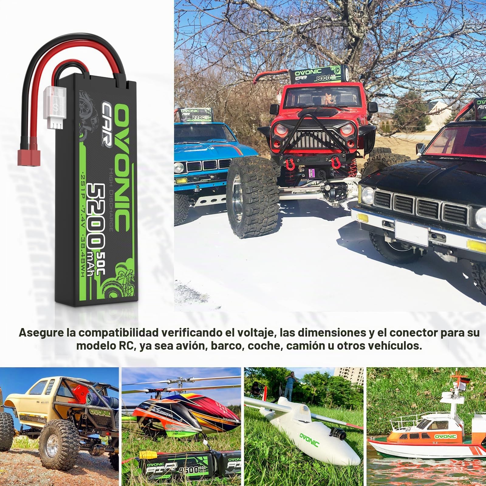OVONIC 2s Batería Lipo 5200mAh 50C 7.4V Estuche rígido con Conector Dean Style T para RC Helicóptero RC Car RC Boat Hobby (2 Paquetes)
