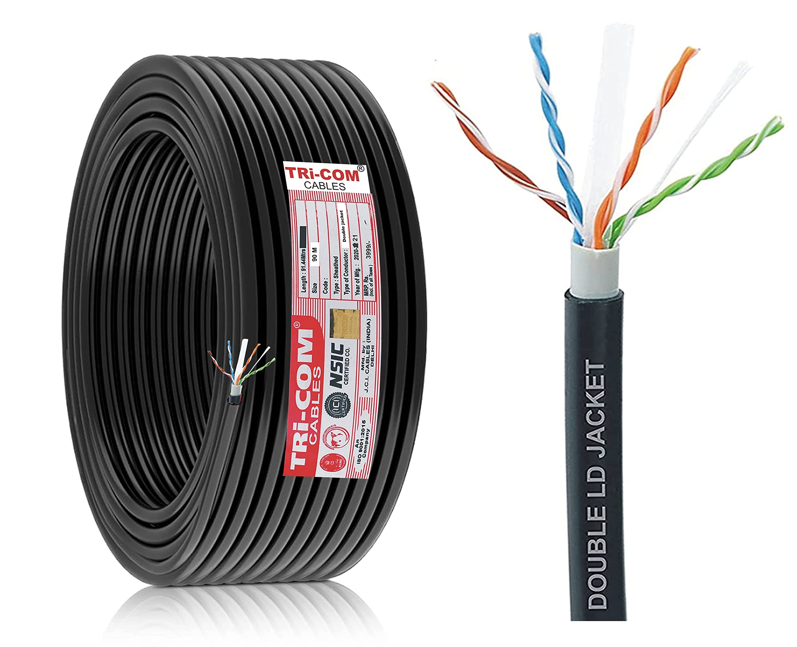 TRi-COM® Pure Copper 650MHz 100W PoE++ RJ45 UTP Molded Cat 6 w/Strain Relief/TIA Certified Pure Copper (60 Meter)