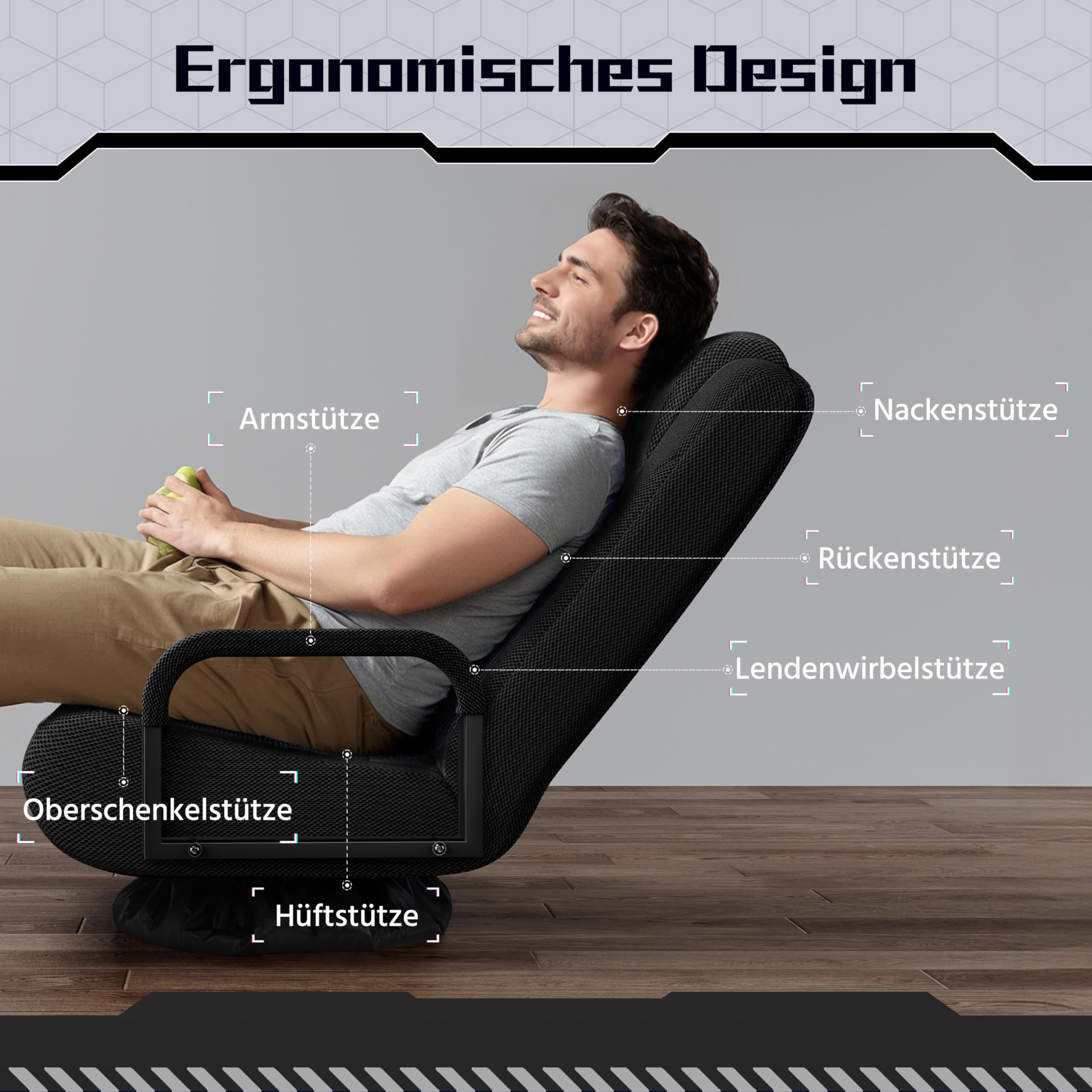 Yaheetech Krzesło podłogowe, obracane o 360°, fotel podłogowy, 6-stopniowa regulacja, krzesło gamingowe z podłokietnikami i praktyczną torbą, sofa podłogowa do salonu/sypialni / biura, kolor czarny