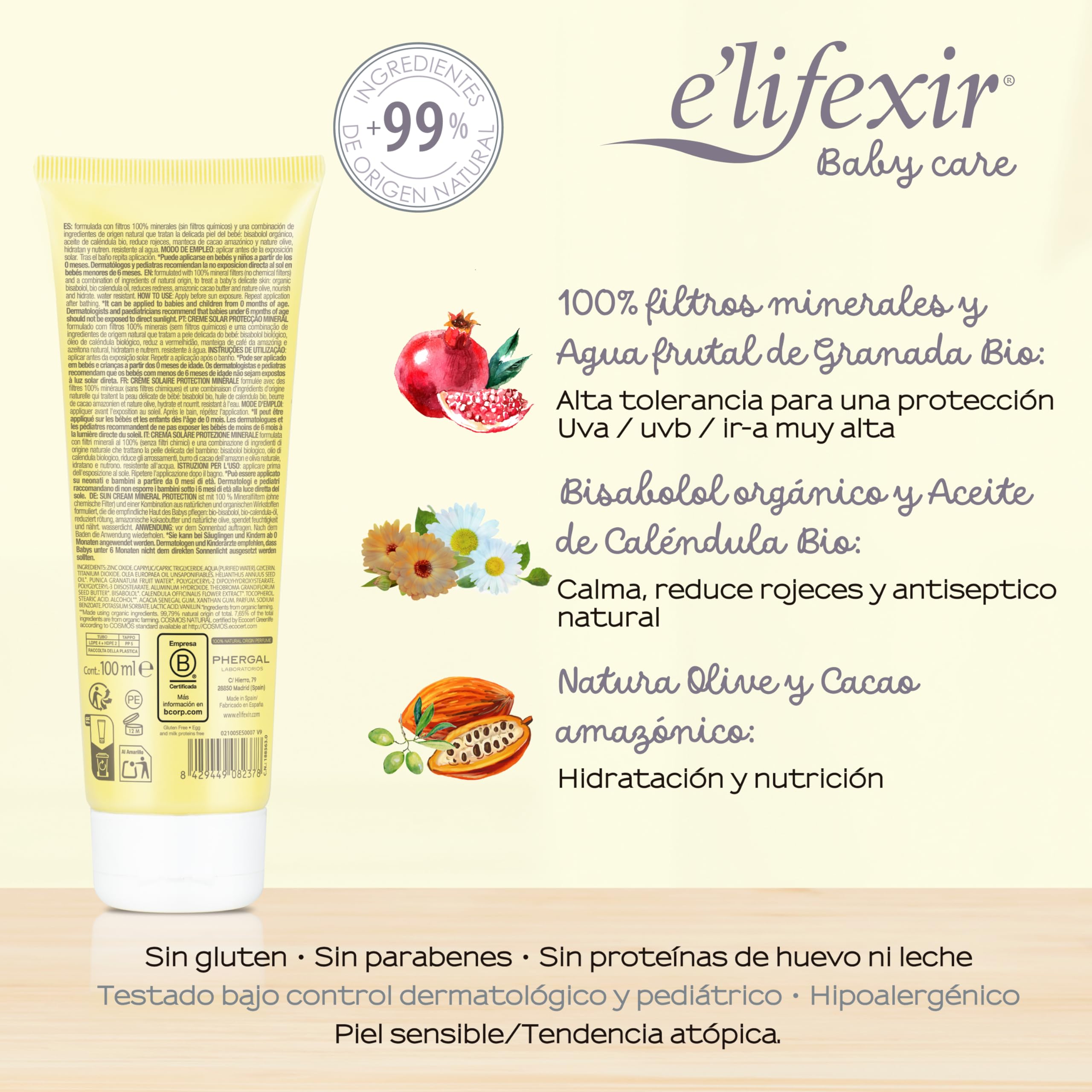 Elifexir Baby Care Crema Solar 100% Mineral Niños y Bebés, UVA, UVB e IR-A SPF 50+, 99% Ingredientes Naturales, dermatológica y pediátricamente testado, Resistente al Agua, Rostro y Cuerpo, 100 mL