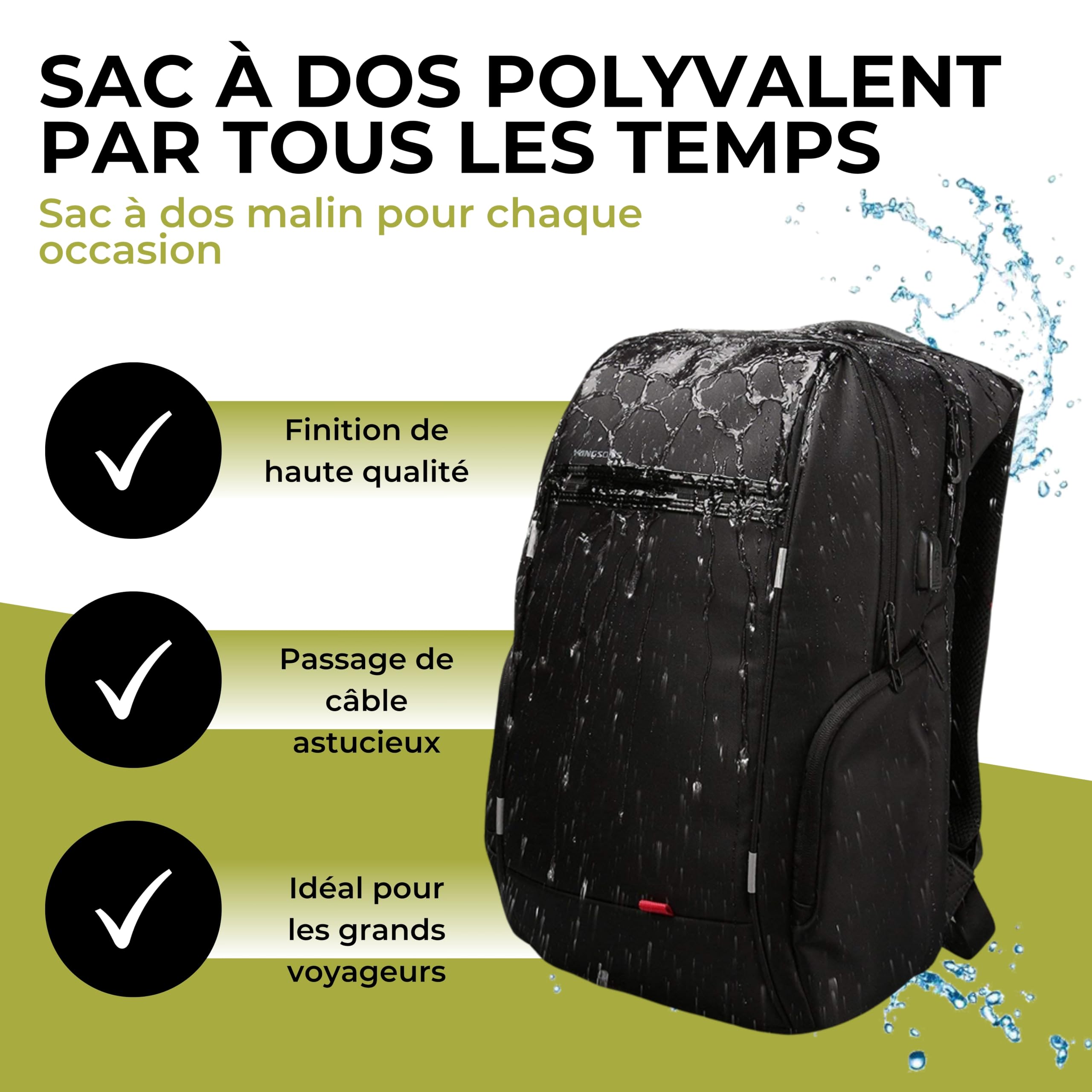 Un grand sac à dos ordinateur 15.6 et sac à dos usb extérieur idéal urbain | Le sac à dos business déperlant idéal pour vos pluies légères. Contient 30 L avec de belles bretelles ergonomiques au dos