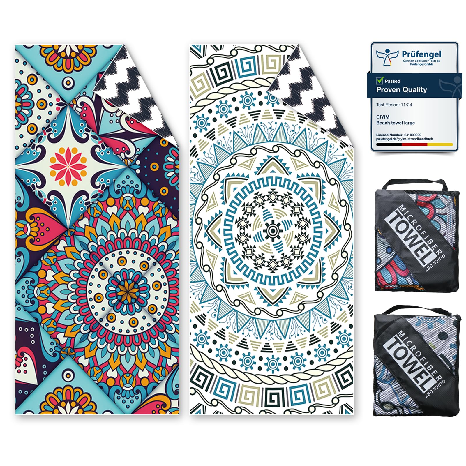 Beach Towels For Adults Extra Large - 2 Pack 200x90cm Lightweight microfibre beach towel with Mesh Bags, Double Sided Sand Free Absorbent Quick Dry Microfibre Towel for Pool, Gym, Camping & Travel
