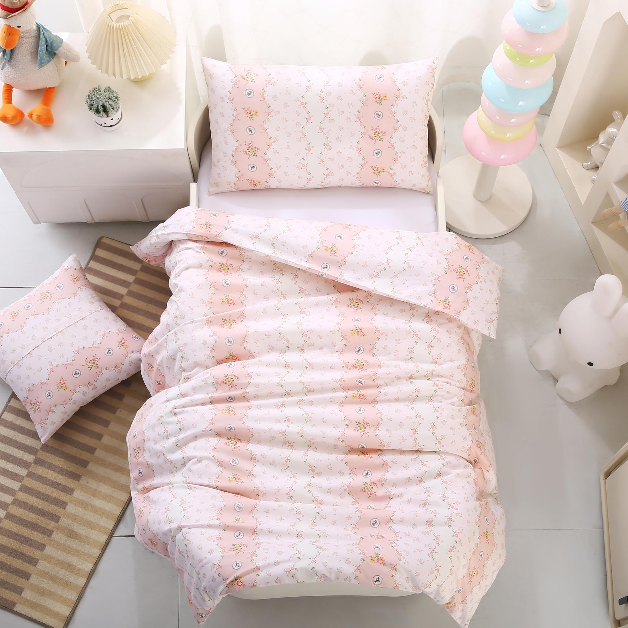 HMtideby Pink Floral Toddler Kids Bedding Set for Girls Cot Bed Duvet Cover with Pillowcase, 2 pcs, 120 x 150 cm