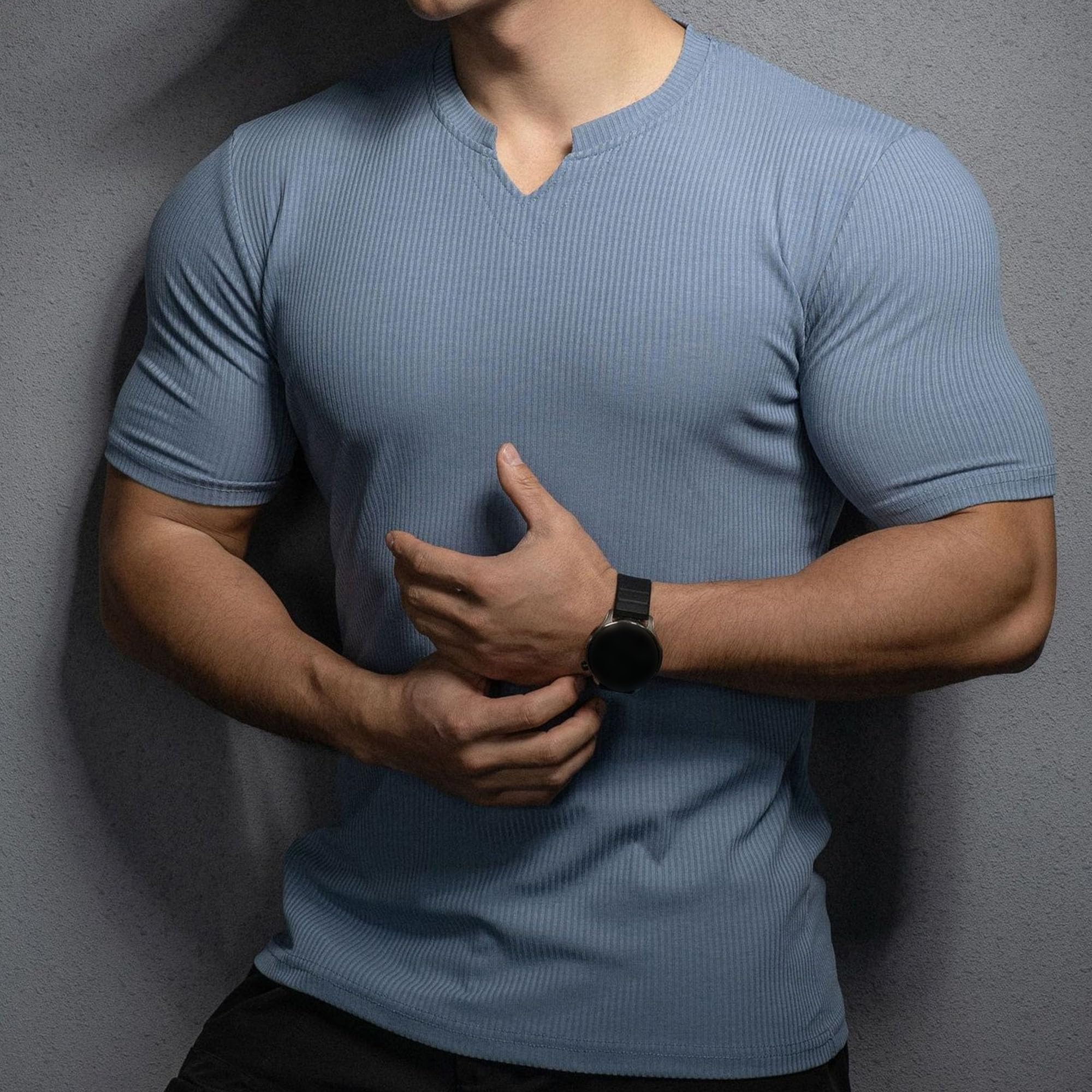 VgueElegc V-Neck Bodybuilding Workout Tee Muscle Basic Soft Cotton Short Sleeve T-Shirts Casual Slim Fit V Neck T Shirts (Light Blue,XX-Large)
