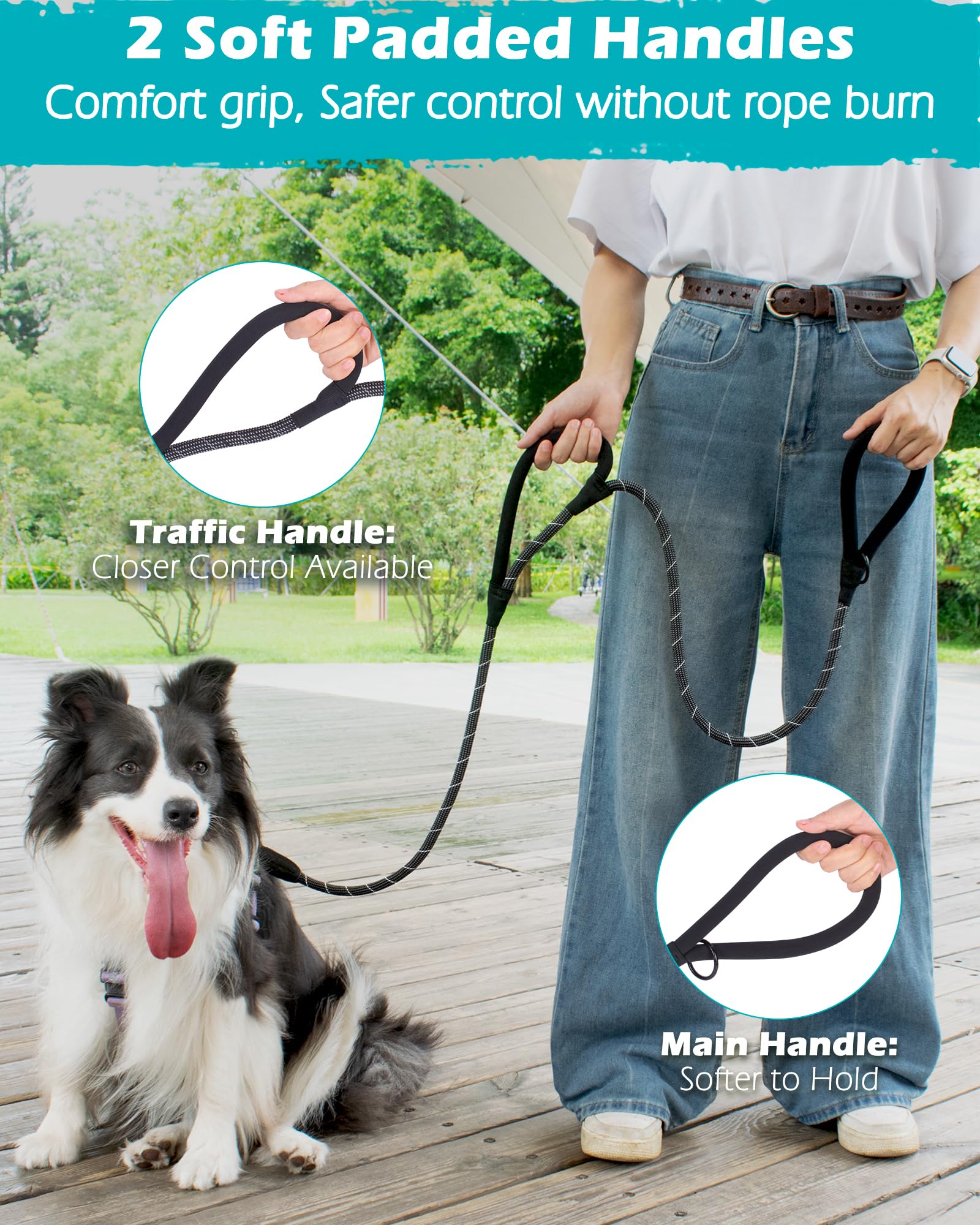 PetBonus Reflective Rope Dog Lead, 1.5 m Heavy Duty Pet Training Lead with Lockable Hook and 2 Comfortable Padded Handles - Image 4