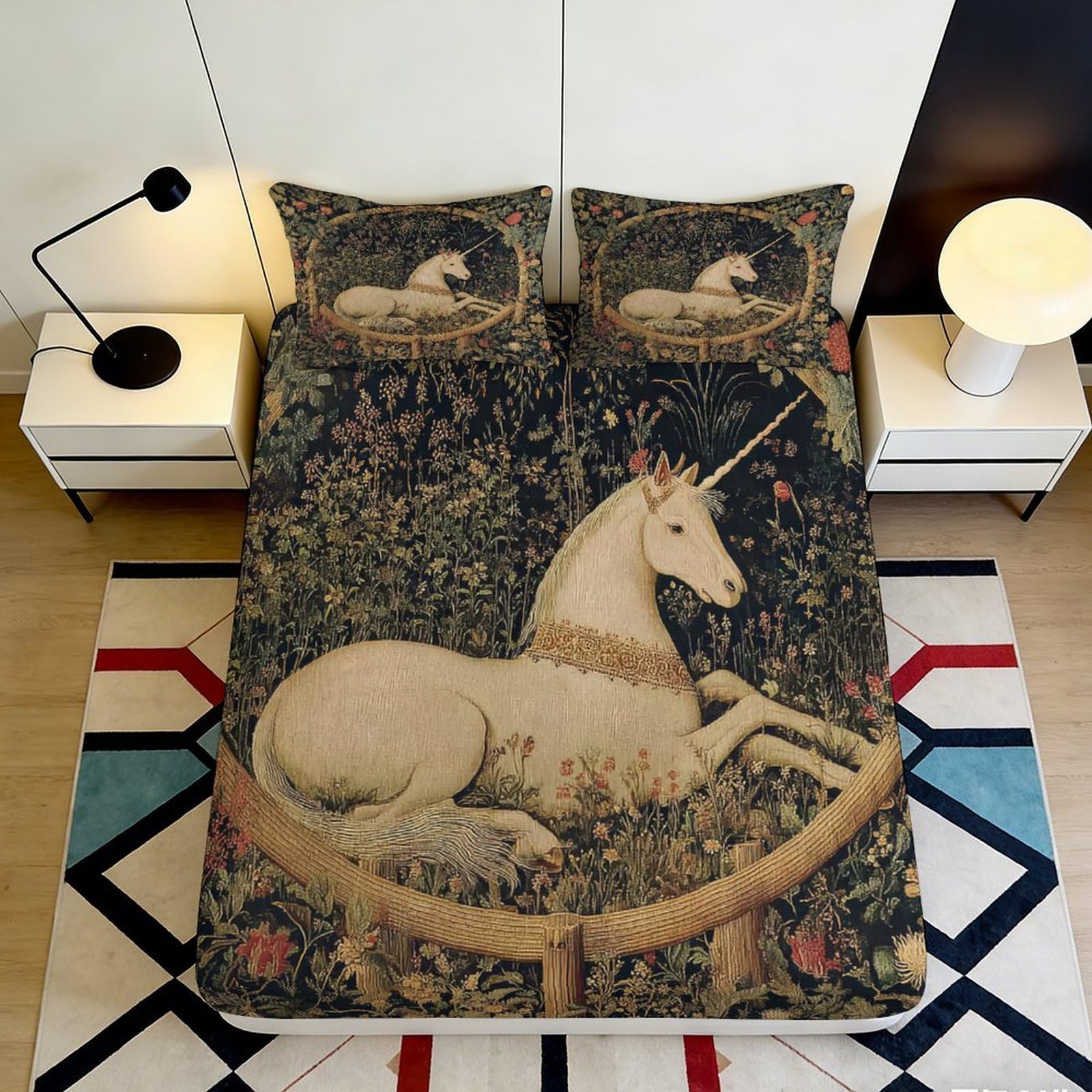 3D Printed Medieval Unicorn Fitted Sheet Microfiber Soft Decorative Forest Tapestry Mattress Cover for Bedroom Guest Room 90x200x25cm