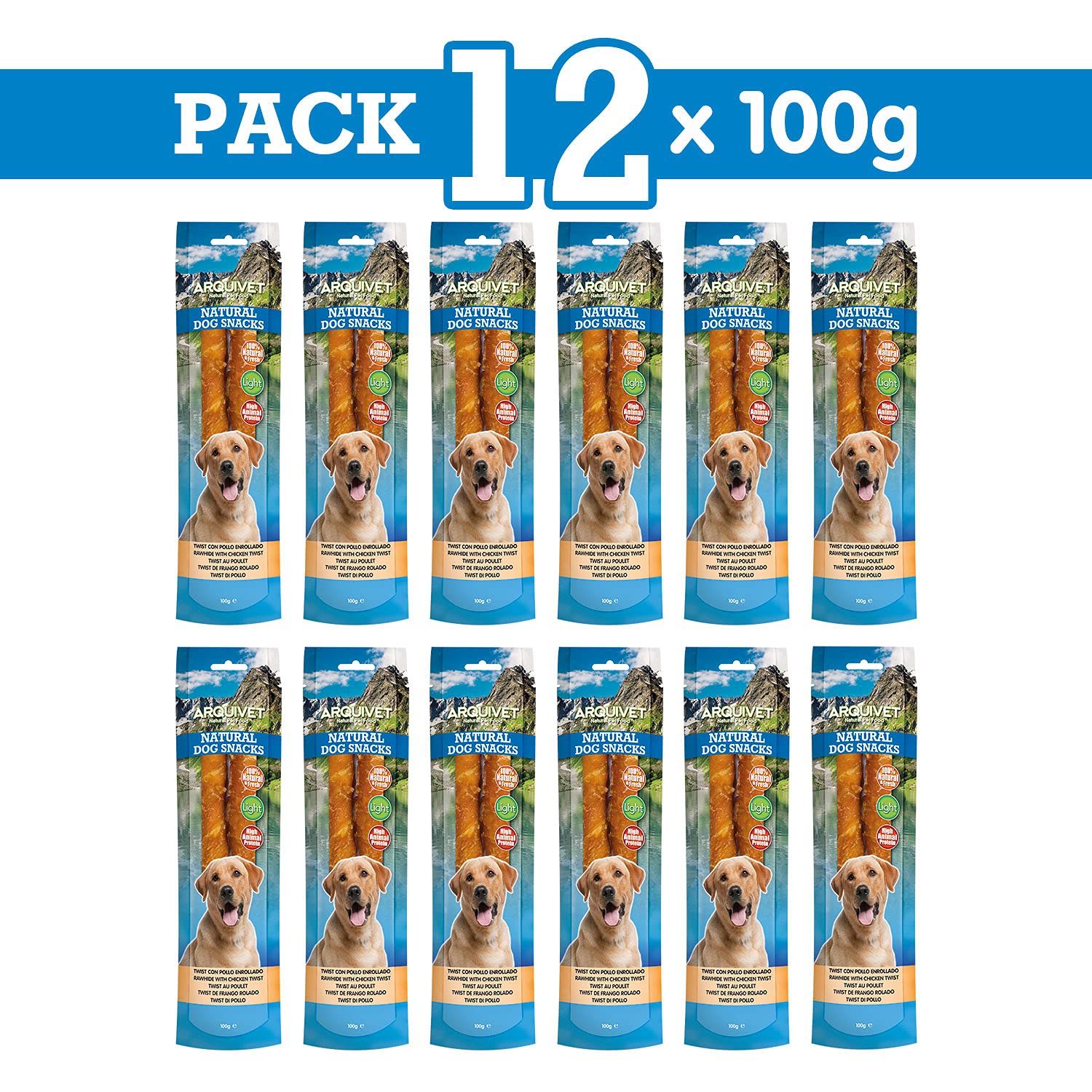 Arquivet Pack 12 Unidades Snacks Twist con Pollo Enrollado 24 cm 100 gr - Natural Dog Snacks - 100% Natural - Chuches, premios, golosinas para Perros - Producto Light - Muy Rico en nutrientes