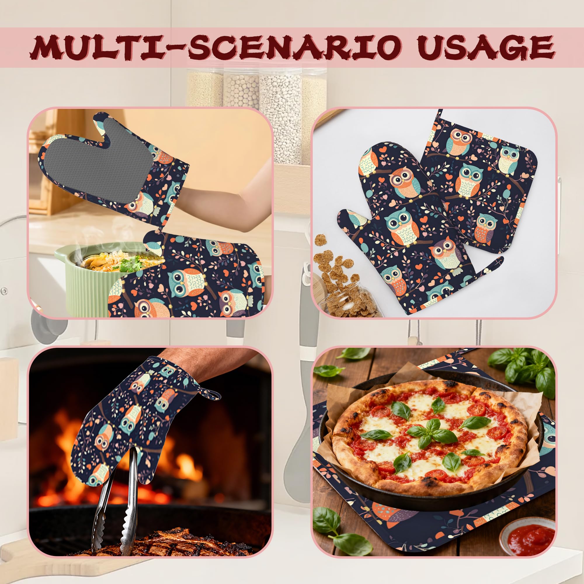 Cute Owl - Juego de 4 manoplas de horno de silicona resistentes al calor y soportes para ollas, extralargos, antideslizantes, para cocinar, hornear, asar a la parrilla