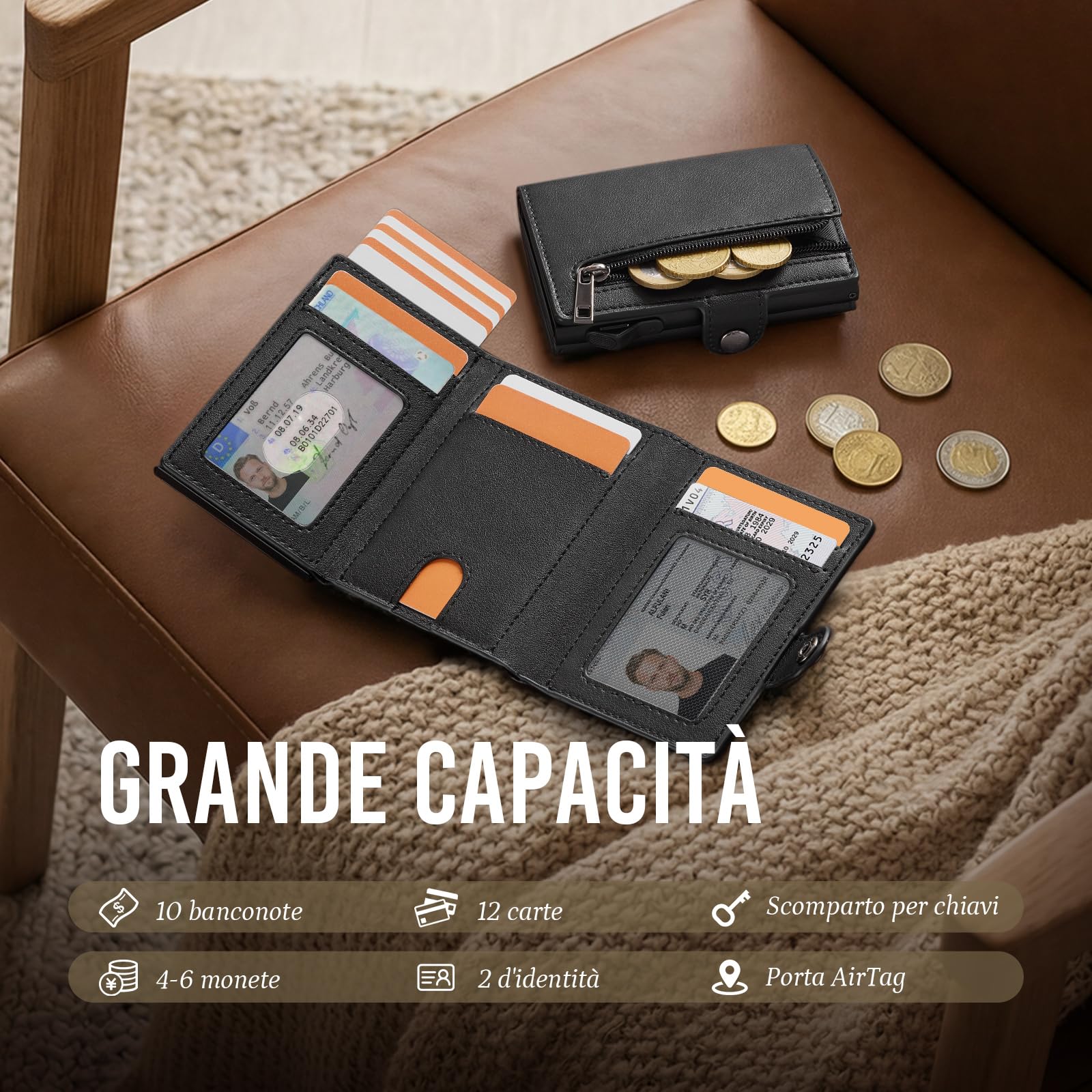 YESIIW Portafoglio Uomo Airtag Slim Wallet, Porta Carte di Credito Uomo RFID Blocco, Pop up Alta Capacità Smart Portacarte per 12 Cartes con 2 ID Window, Tasca Portamonete con Cerniera, Nero
