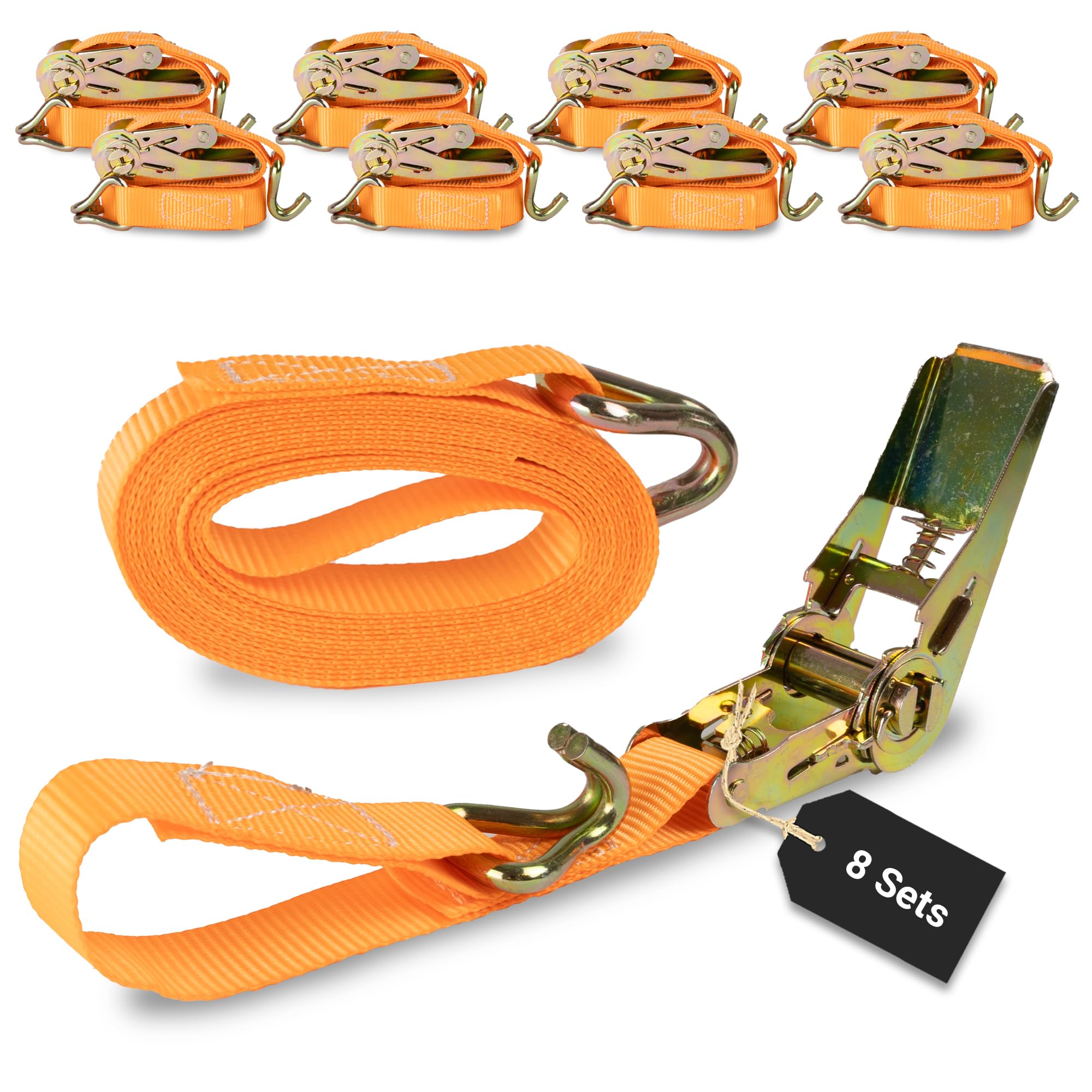 Cinghie di serraggio rapide con cricchetto, 8 pezzi, 25 mm x 6 m, in due pezzi/fino a 800 kg, resistenti agli strappi/cinghie di ancoraggio veloci e sicure con cricchetto arancione/passanti per 800