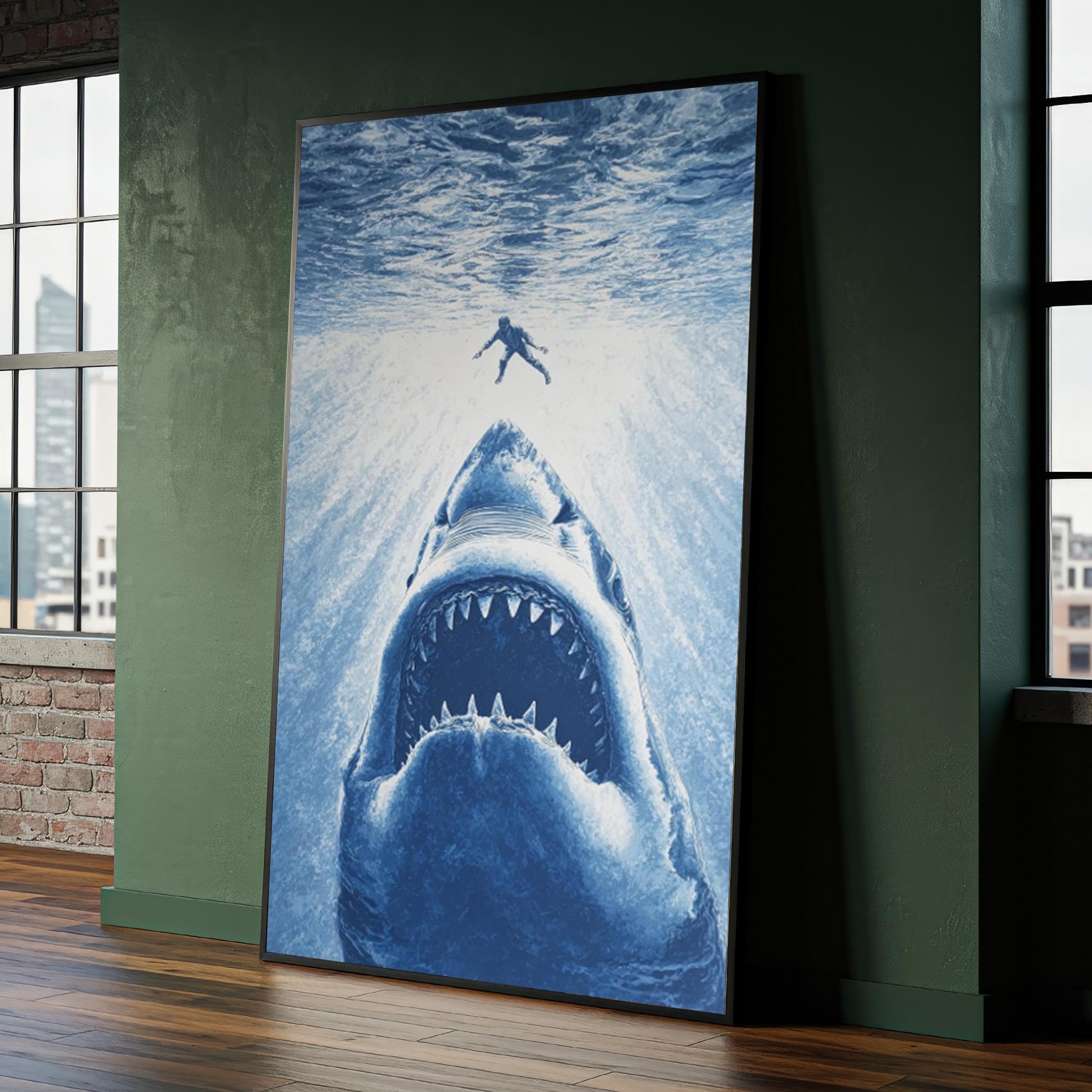 XINBAO Giant Shark Attack Canvas Wall Art - Deep Sea Thriller Canvas Print - Ocean Predator Poster - Animals Decor Painting(70x110cm/Frameless)