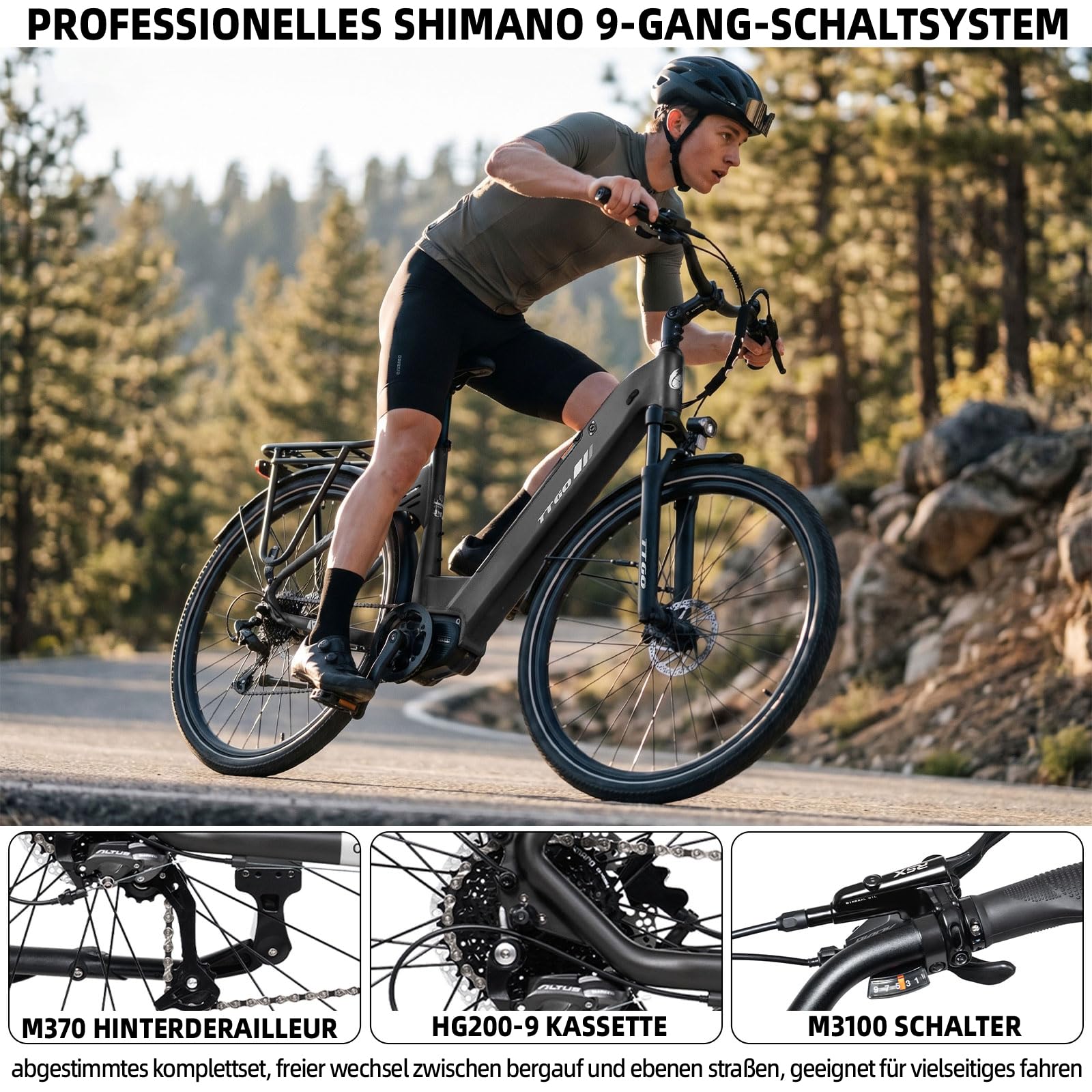 ttgo C7 SE 28 Zoll E-Bike für Damen & Herren, Pedelec mit BAFANG 250W Mittelmotor 75Nm, 36V 18Ah Akku abnehmbar, 110–130 km Reichweite, Shimano 9-Gang, CST 28"*2.0, StVZO