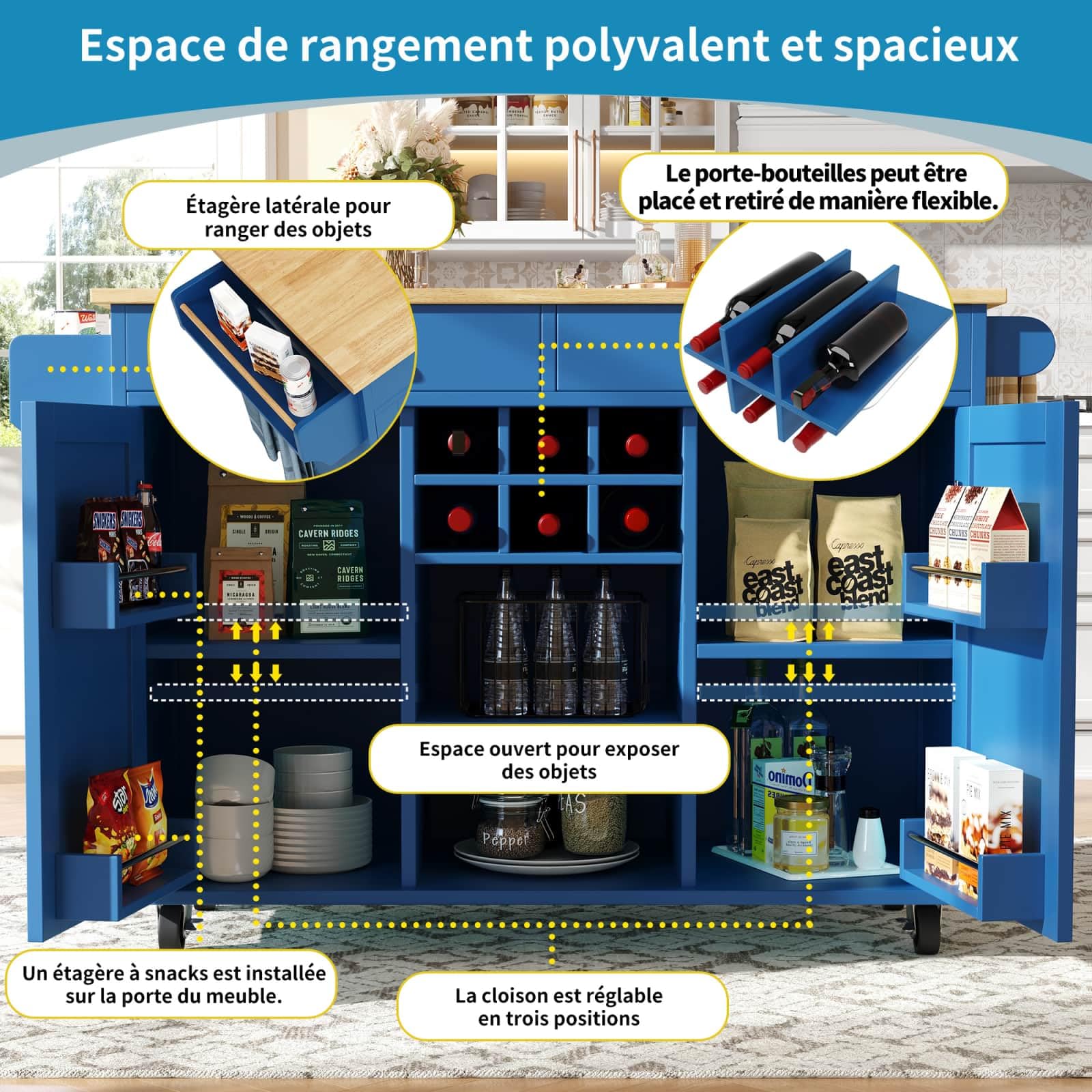 PUGSDRLY Desserte Cuisine avec roulettes,Buffet Cuisine de Rangement avec Un casier à vin,Chariot de Repas,2 Tiroirs et 2 Porte,Espace de Rangement Multifonctionnel (Bleu)