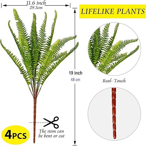Miniatura 2 de Grand Verde Boston Fern - Plantas artificiales para exteriores de 19 pulgadas de tallo largo, arbustos grandes, vegetación sintética, hojas verdes,