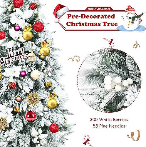 Miniatura 4 de GOFLAME Árbol de Navidad artificial de 6 pies con nieve, nuevo árbol de PVC y PE con 471 puntas de rama, soporte de metal plegable, bayas blancas y