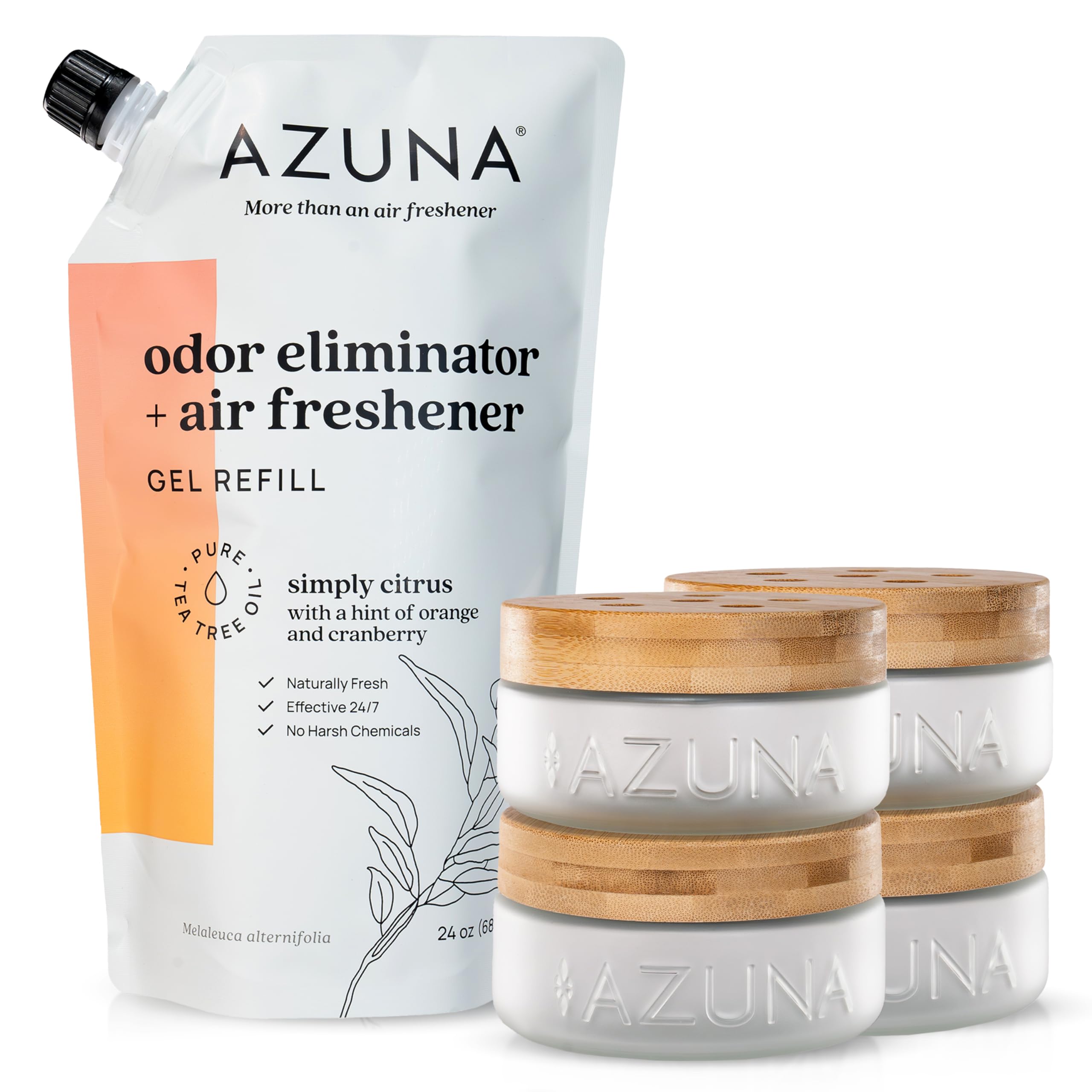 Azuna Air Freshener & Odor Eliminator for Strong Odor | 4 Room Kit Includes (4) Empty Luxe Glass Jar & 24oz Gel Refill with Tea Tree Essential Oil | Simply Citrus | Last 60-90 Days