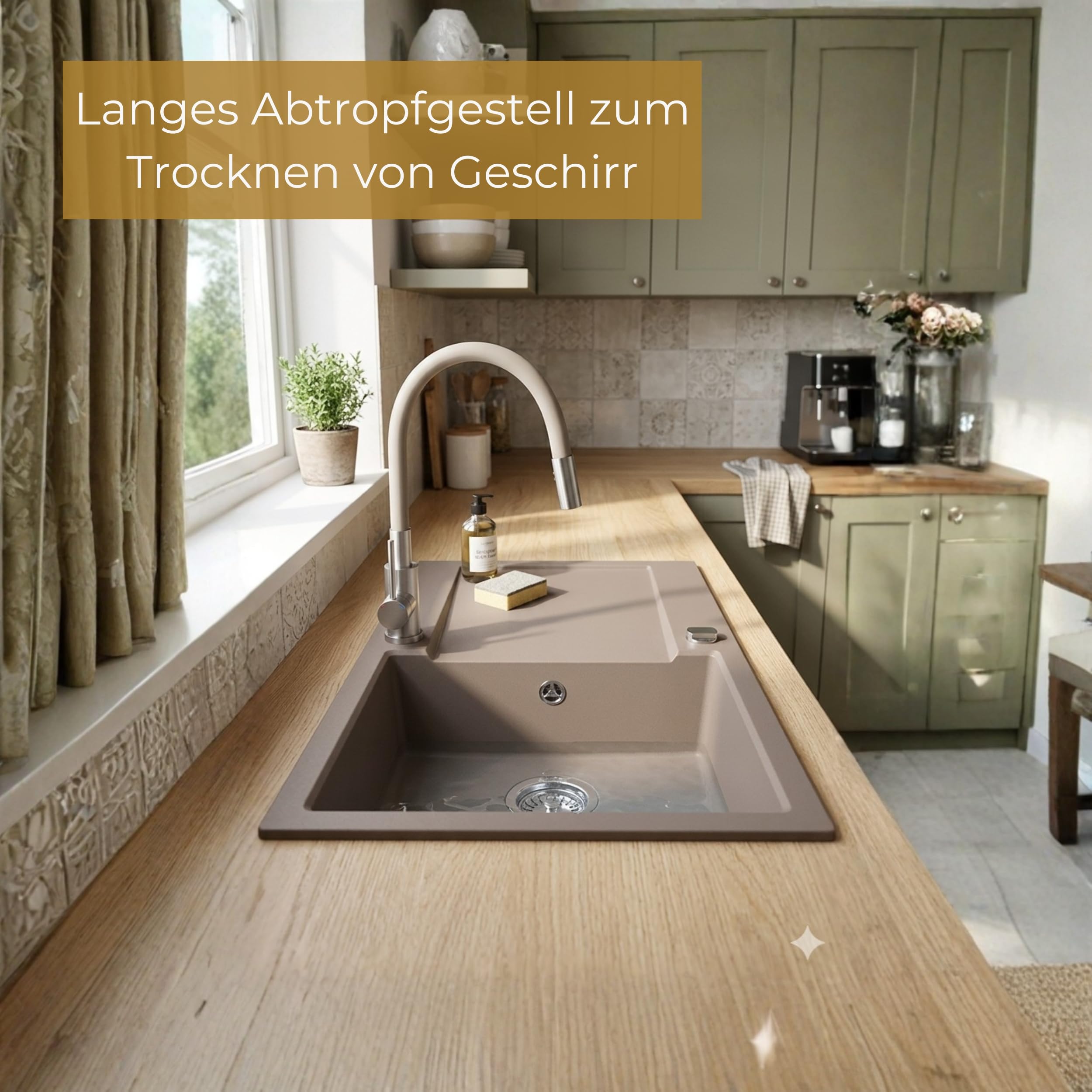 SINK Quality zlewozmywak kuchenny z ociekaczem – zlewozmywak beżowy 79 x 50 cm – w zestawie syfon i środki impregnujące – zlewozmywak do zabudowy z granitu do szafki pod umywalkę 50