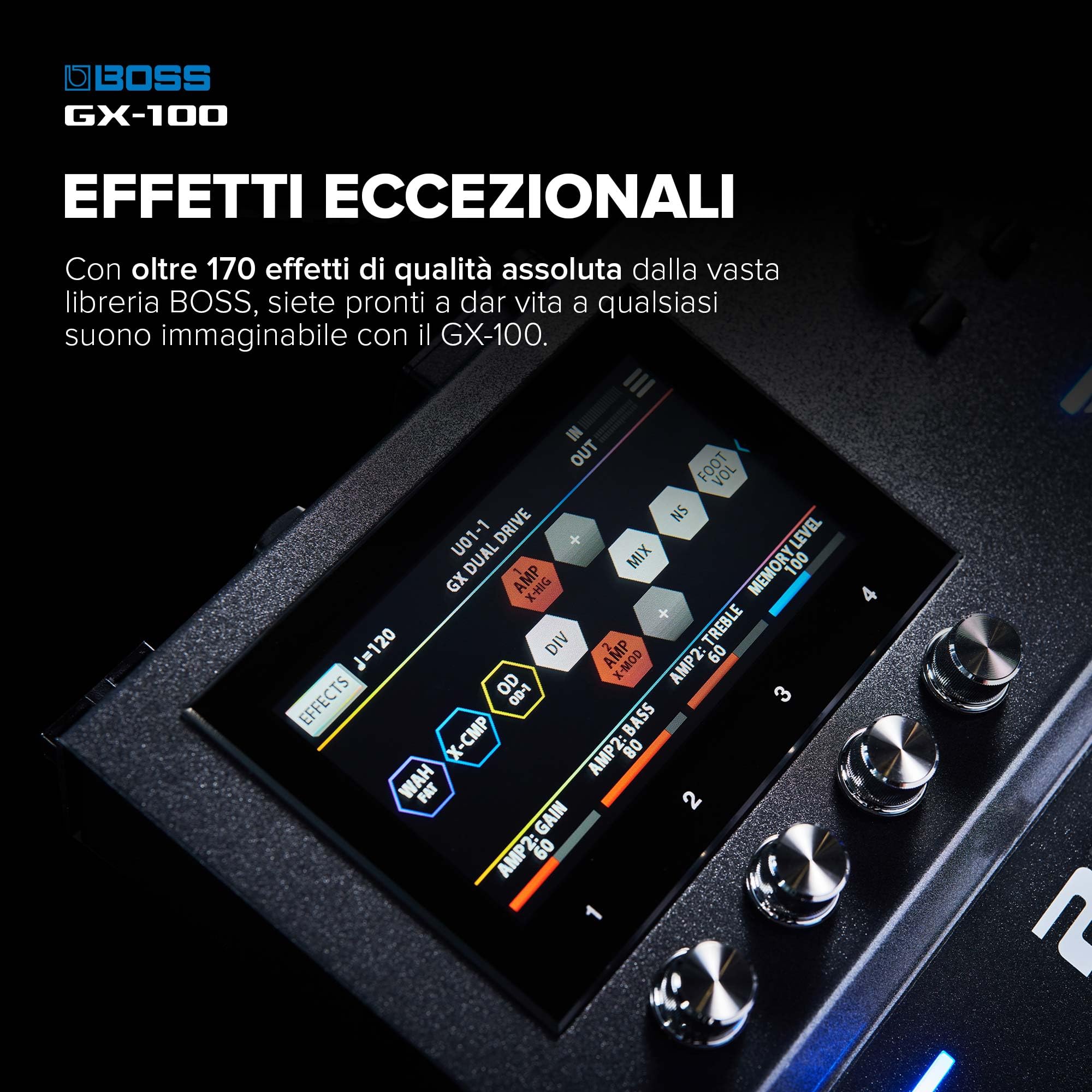 BOSS GX-100 | Processore di effetti per chitarra avanzato | Il vero suono degli ampli valvolari con la tecnologia AIRD | 32 tipi di ampli e oltre 170 effetti BOSS derivati dal top di gamma GT-1000