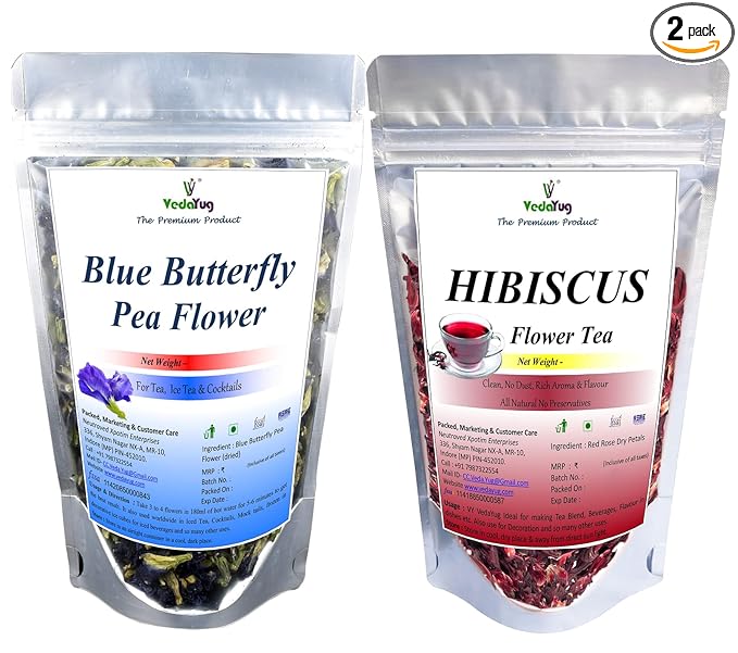 Herbal Tea Combo Pack | Blue Butterfly Pea Flower 20g & Hibiscus Flower 30g | Caffeine Free Herbal Tea | Total Weight 50g