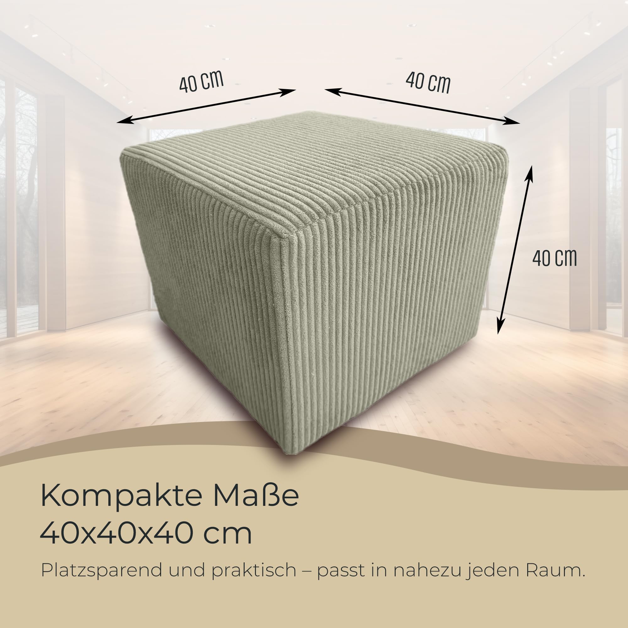 Hocker Wohnzimmer Sitzhocker - Quadratisch 40 x 40 cm - Sofahocker - Dünner Cord Ecru