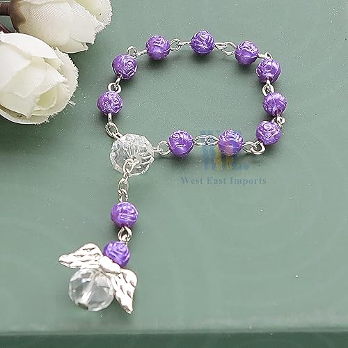 Miniatura 3 de LUMSON24 piezas de mini rosarios de bautismo con ángel niña recuerdos de bautizo rosarios morados chapados en plata