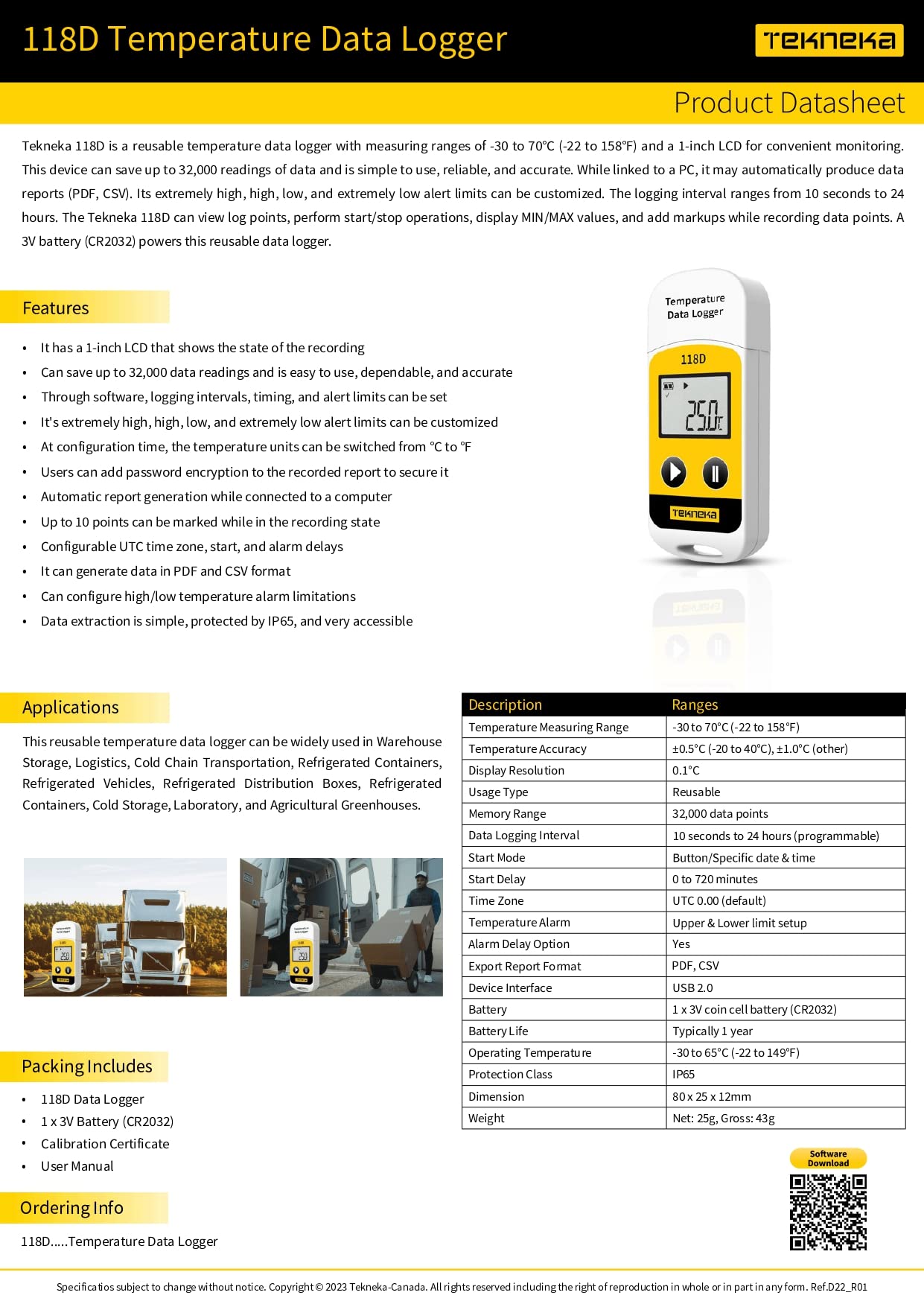 Tekneka 118D Temperature Data Logger With Calibration Certificate