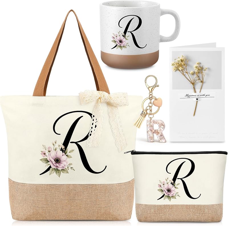 Kacctyen Conjunto de presente com inicial R, bolsa de juta e nécessaire de maquiagem