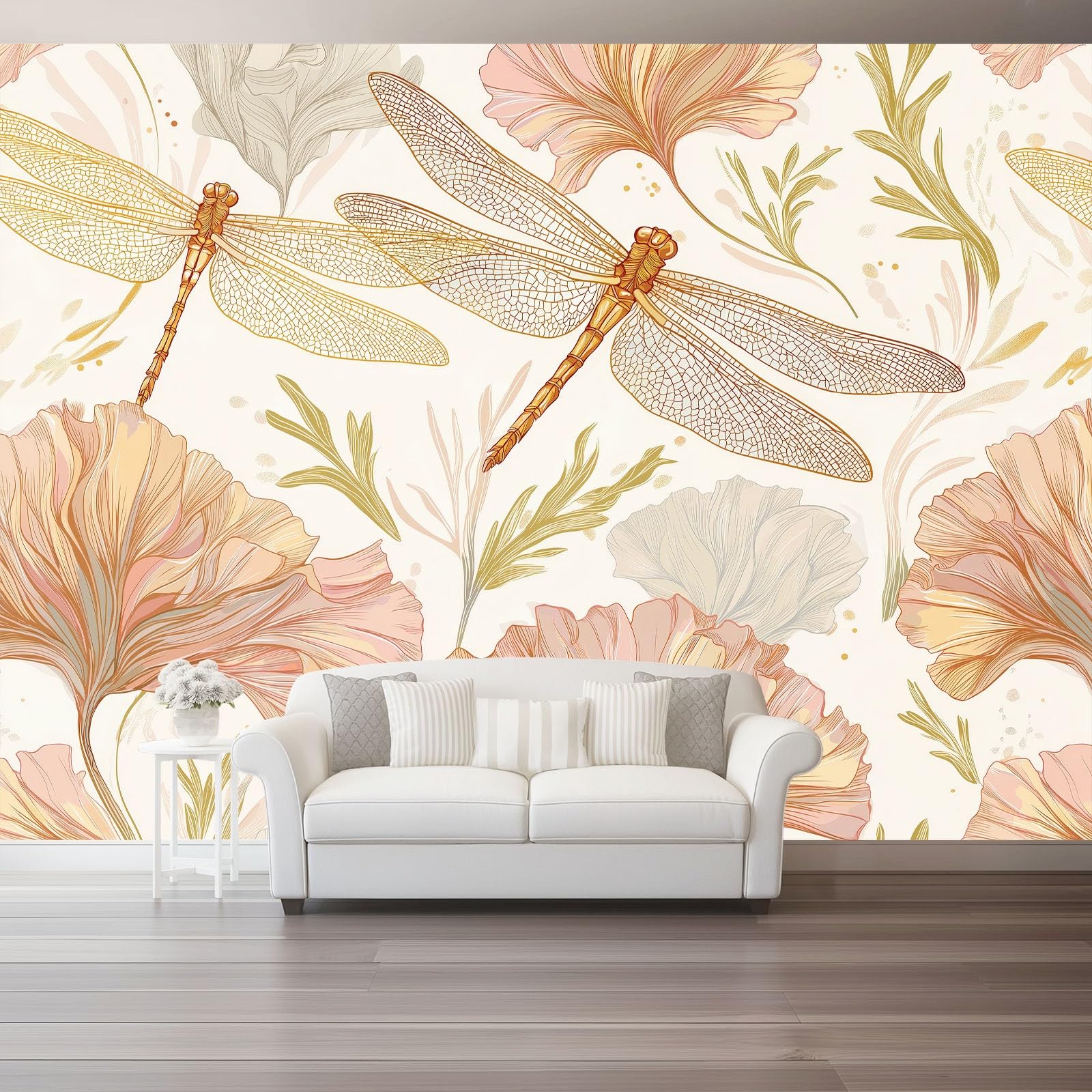 Tapeta z włókniny 350 x 256 cm, kwiatowy wzór ważki, dekoracja ścienna do głównej sypialni i salonu, kremowa