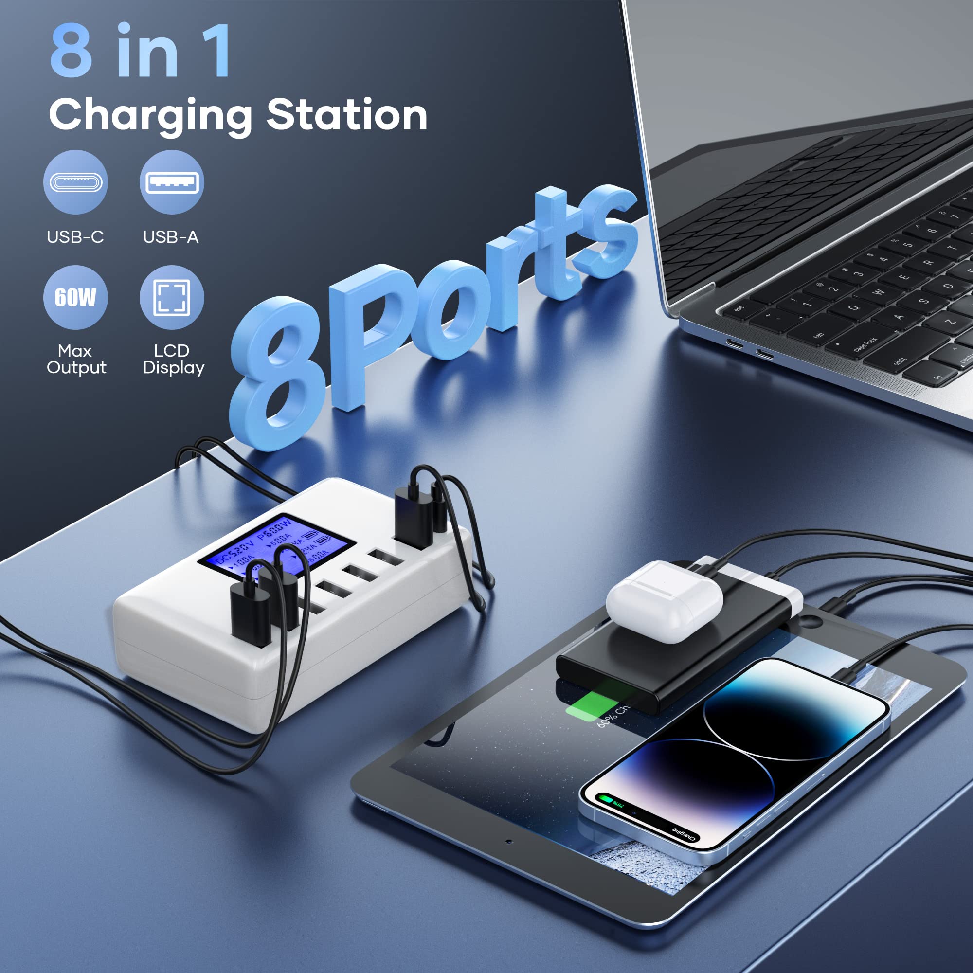 Stazione di ricarica USB 60W 8 porte Hub di ricarica USB 12A Stazione di ricarica USB con display LCD per più dispositivi, Caricabatterie intelligente da tavolo con hub USB C per iPhone