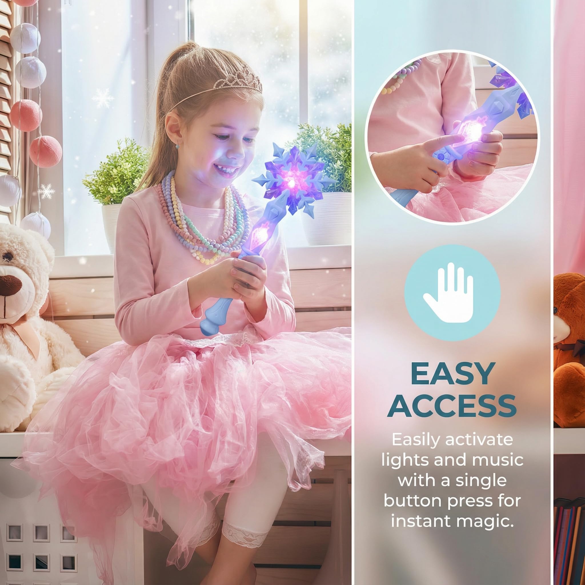 BESPORTBLE Light up Wand Toy: Rotating Up Snowflake for Girls Princess LED Glowing Cosplay Costume Performance Props Winter Musical Glow Stick 3 4 5 6 7 8 Year Old Flashing Fairy Happy New 2026 - Image 4