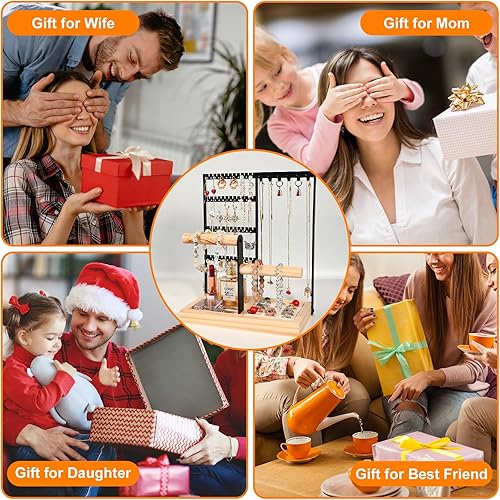 Miniatura 7 de Organizador de joyas, soporte de pie, 4 niveles para aretes con 48 agujeros, 6 ganchos para colgar, bandeja organizadora de anillos de 6 filas con