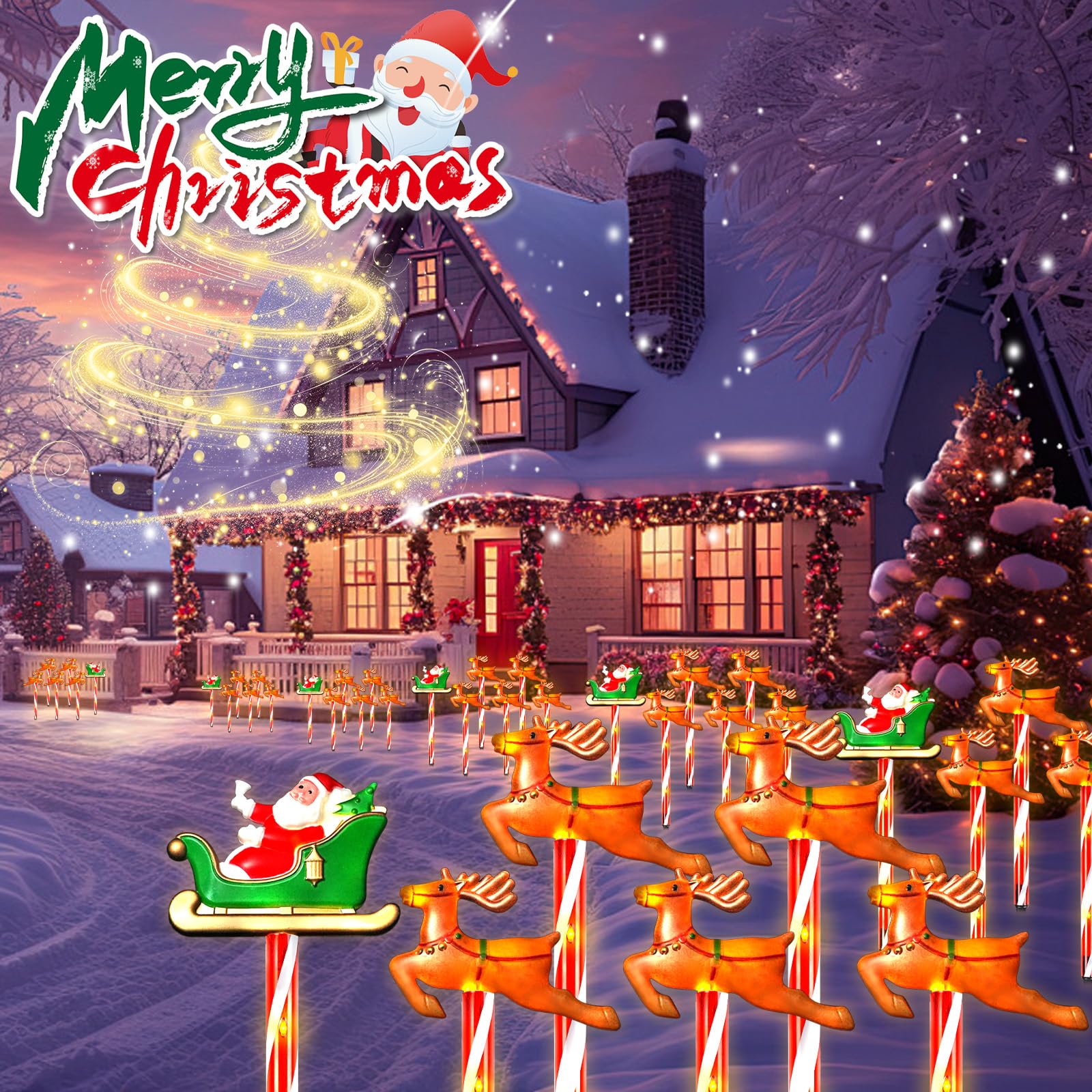 10 Pack Christmas Decorations Elk Santa Claus solar Christmas lights outdoor waterproof 8 LED modes glow candy lights Santa garden stakes for pathway