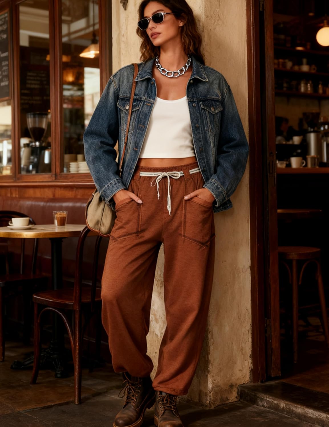 Womens Barrel Pants Wide Leg Drawstring Sweatpant Casual Baggy Palazzo Pants with Pockets - Image 4