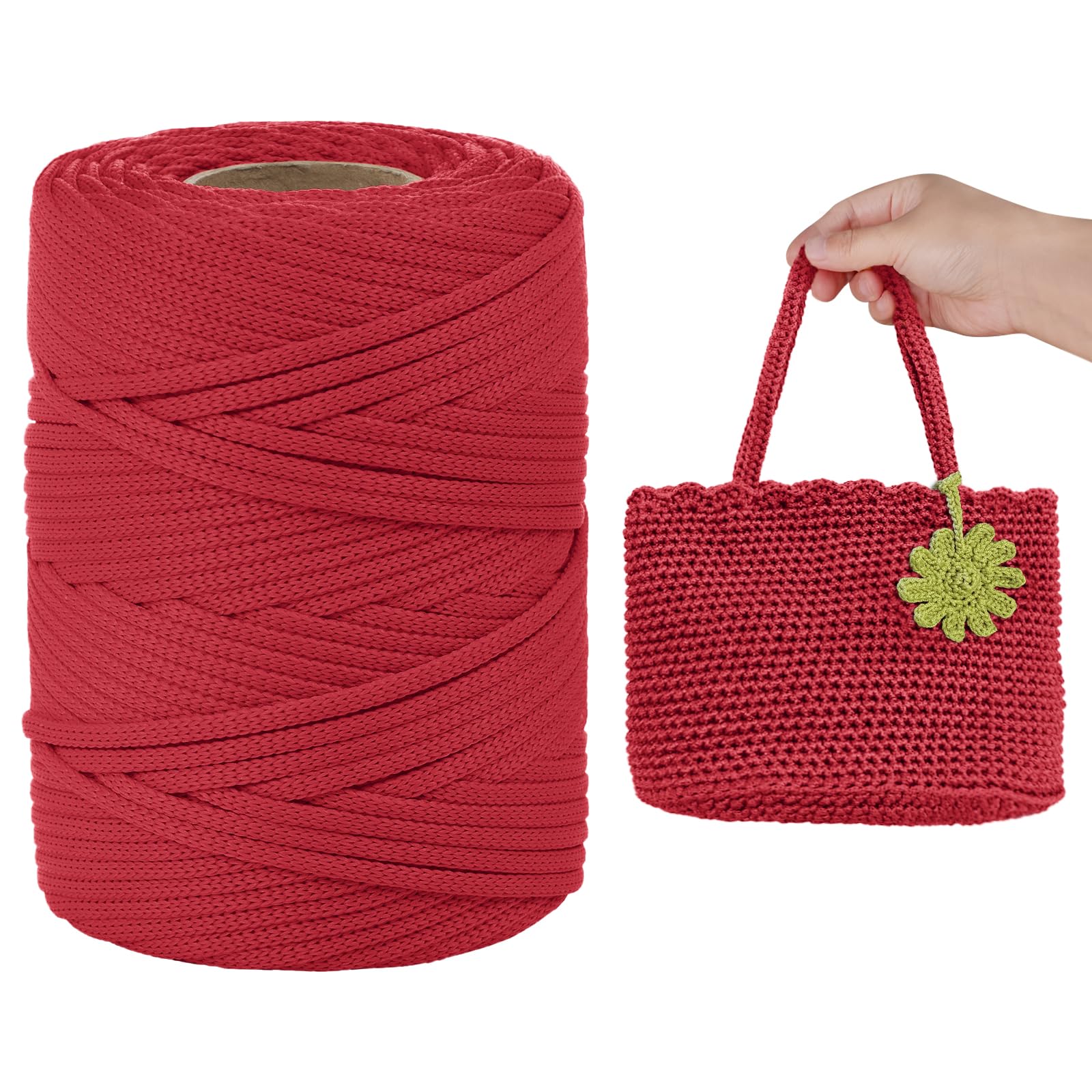 LEREATI Polyester Cord, Polyester Macrame Cord 3mm x 90m Flat Macrame Rope Crochet Polypropylene Cord Polyester Yarn for Crocheting, DIY Bags, Hats, Shoes (Red)