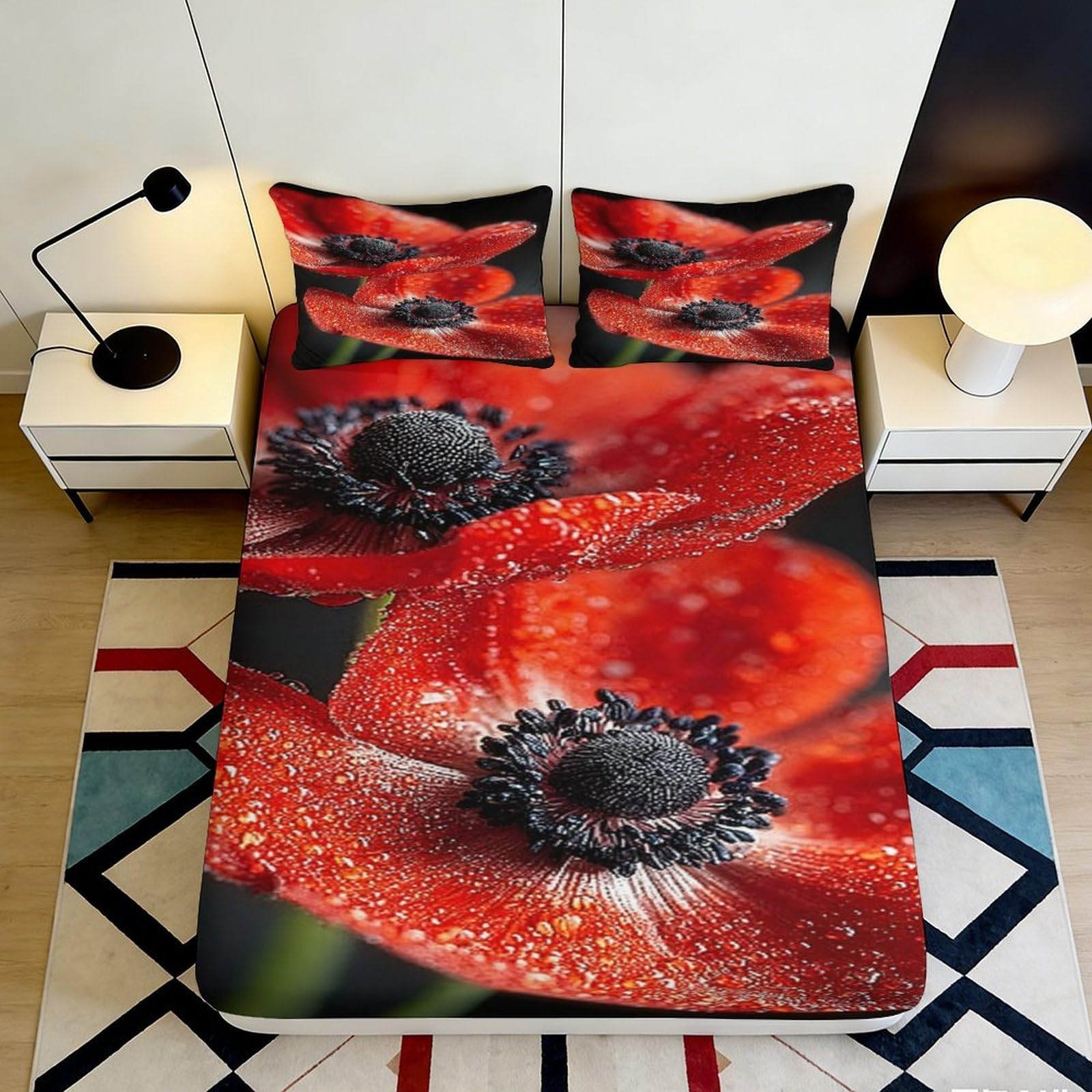 3D Printed Poppy Flower Fitted Sheet Microfiber Elastic Hem Bedroom Bedding Set Poppy Mattress Fitted Cover Deep Pocket Adults 160x200x25cm