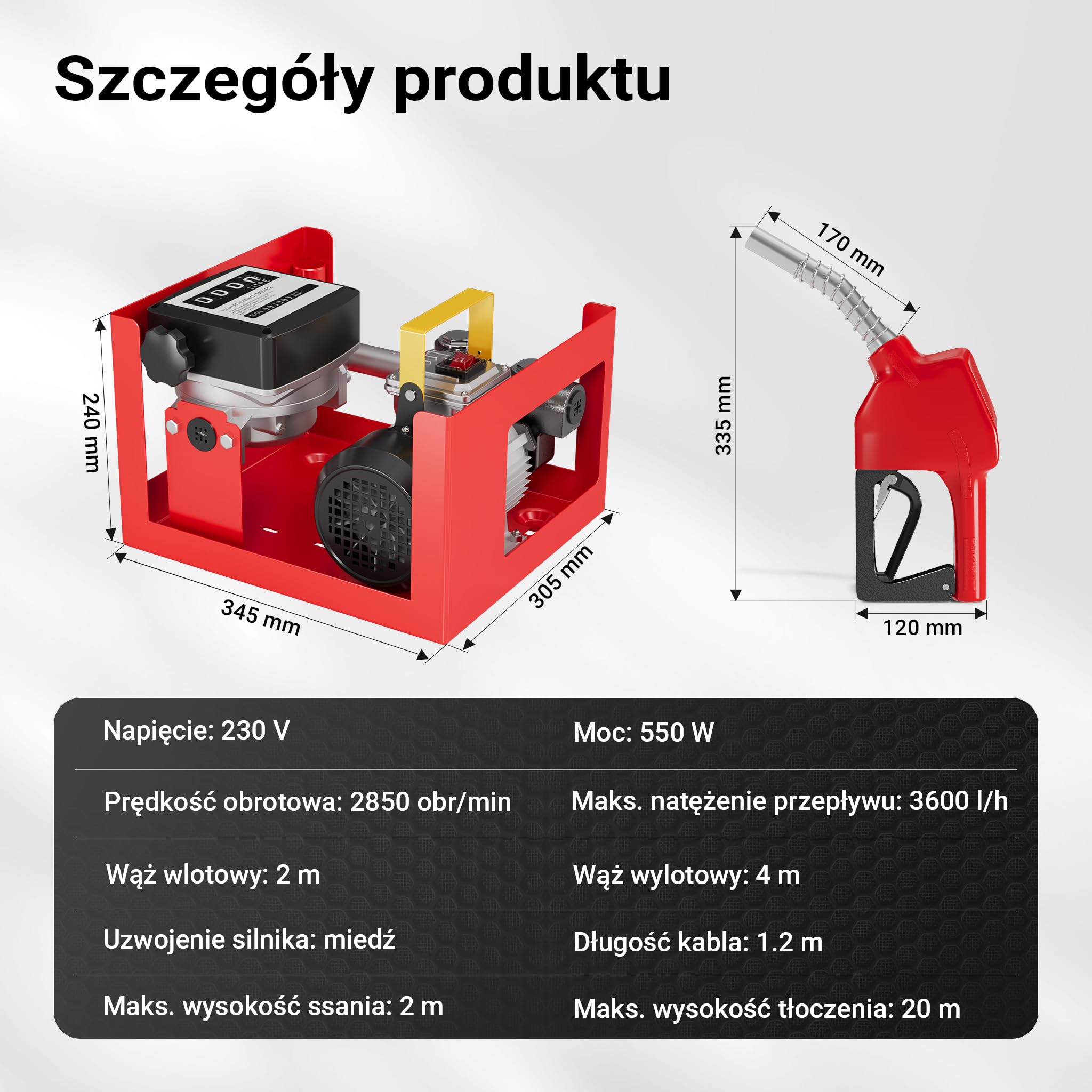 Wiltec Pompa do oleju napędowego i opałowego 550 W 20-60 l/min, samozasysająca z wbudowanym licznikiem, wężami i pistoletem
