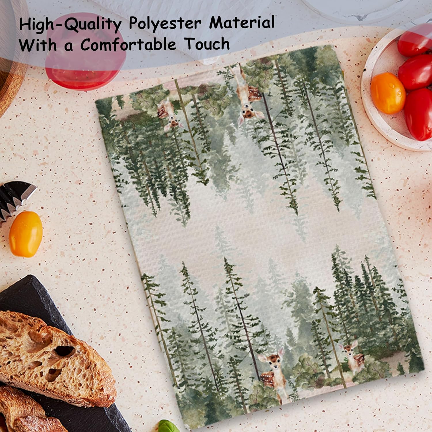 Watercolor Forest Kitchen Towels, Green Woodland Hand Towels for Bathroom Kitchen, Misty Pine Tree Woods Deer Wild Animal Decorative Dish Towels Drying Cloth, 16x24 Inch - Image 6