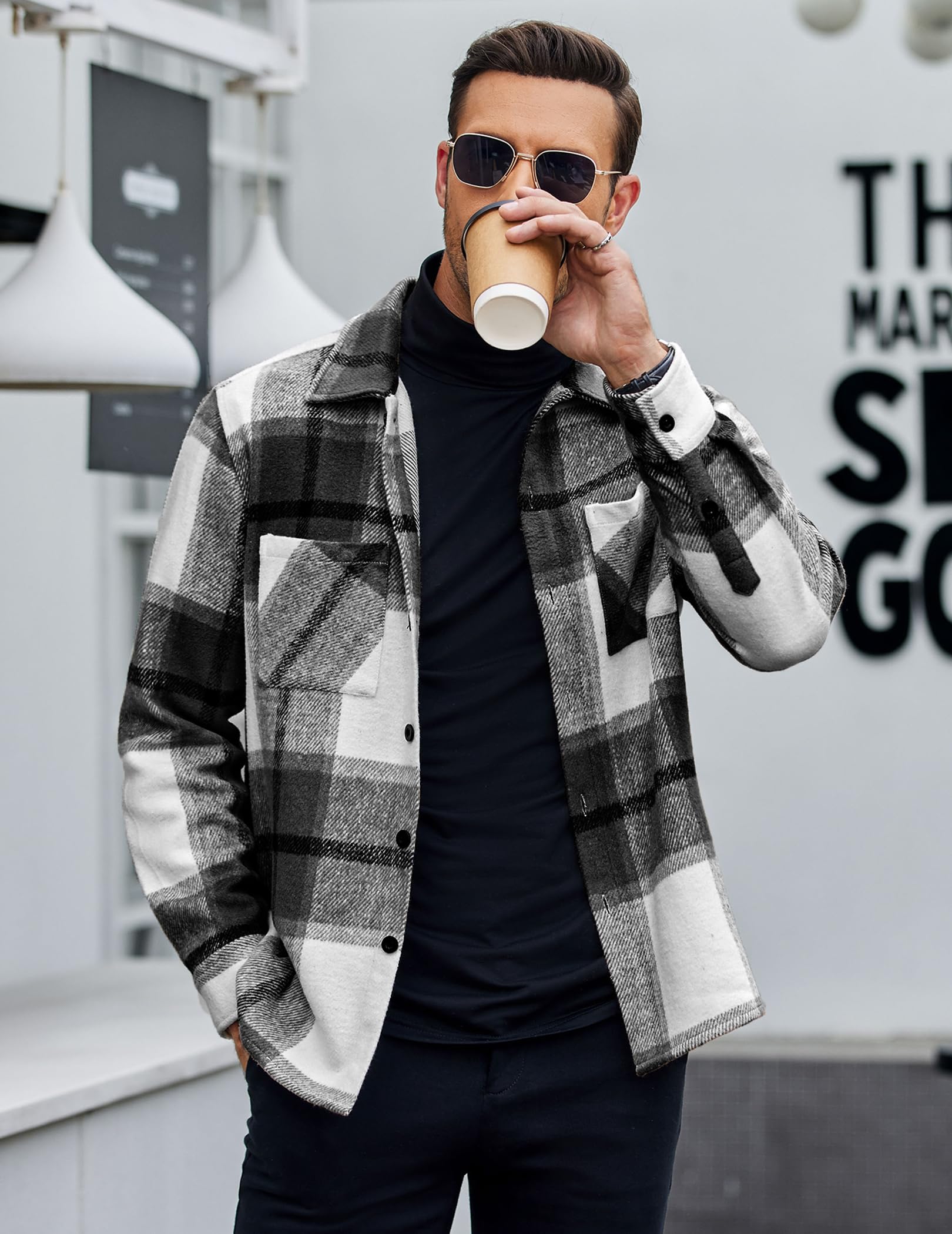 COOFANDY Camicia da uomo in flanella, casual, con bottoni, a quadri, a maniche lunghe, in pile con tasche