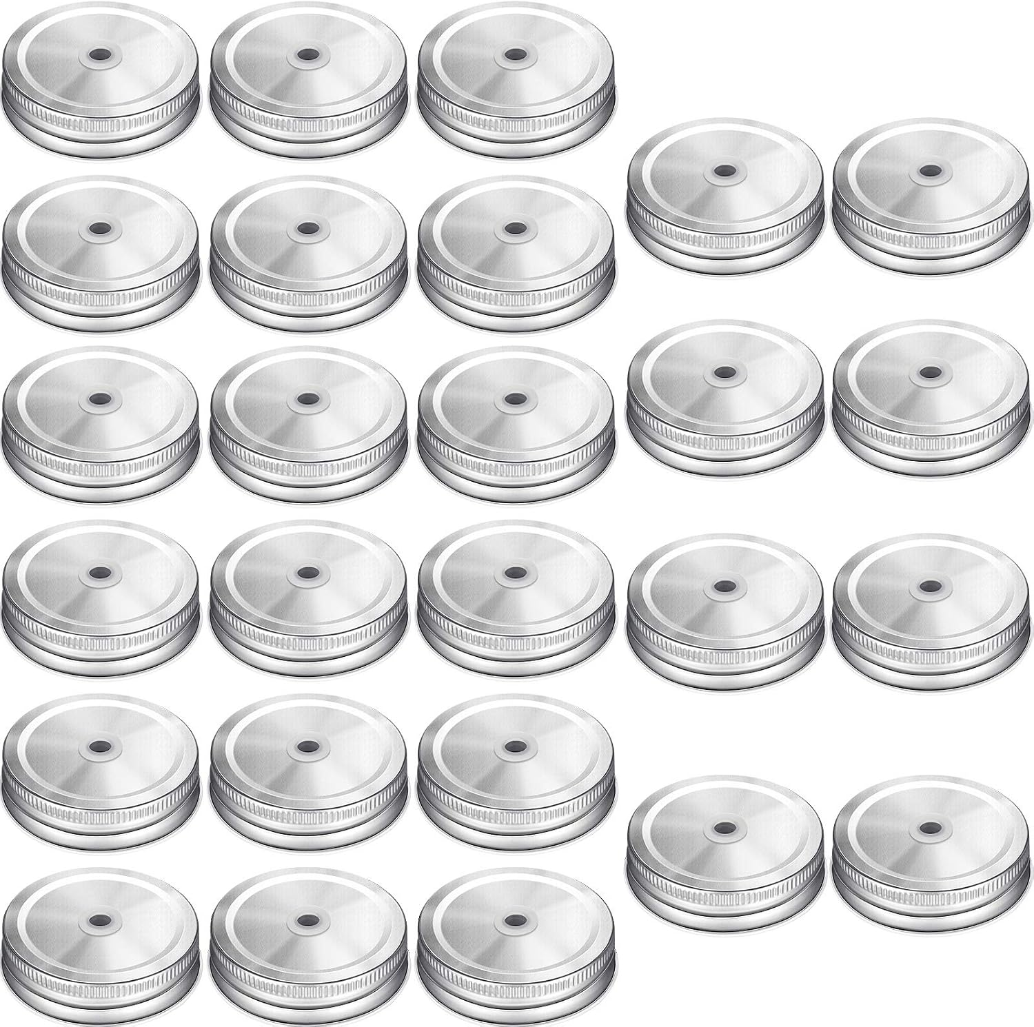 Mudder 100 Packs Mason Canning Jar Lids with Straw Hole for Metal Regular Wide Mouth Jar Mason Canning Lids with Straw Hole Leak Proof Resuable for Drinking Silver Diameter 2. 75 Inches