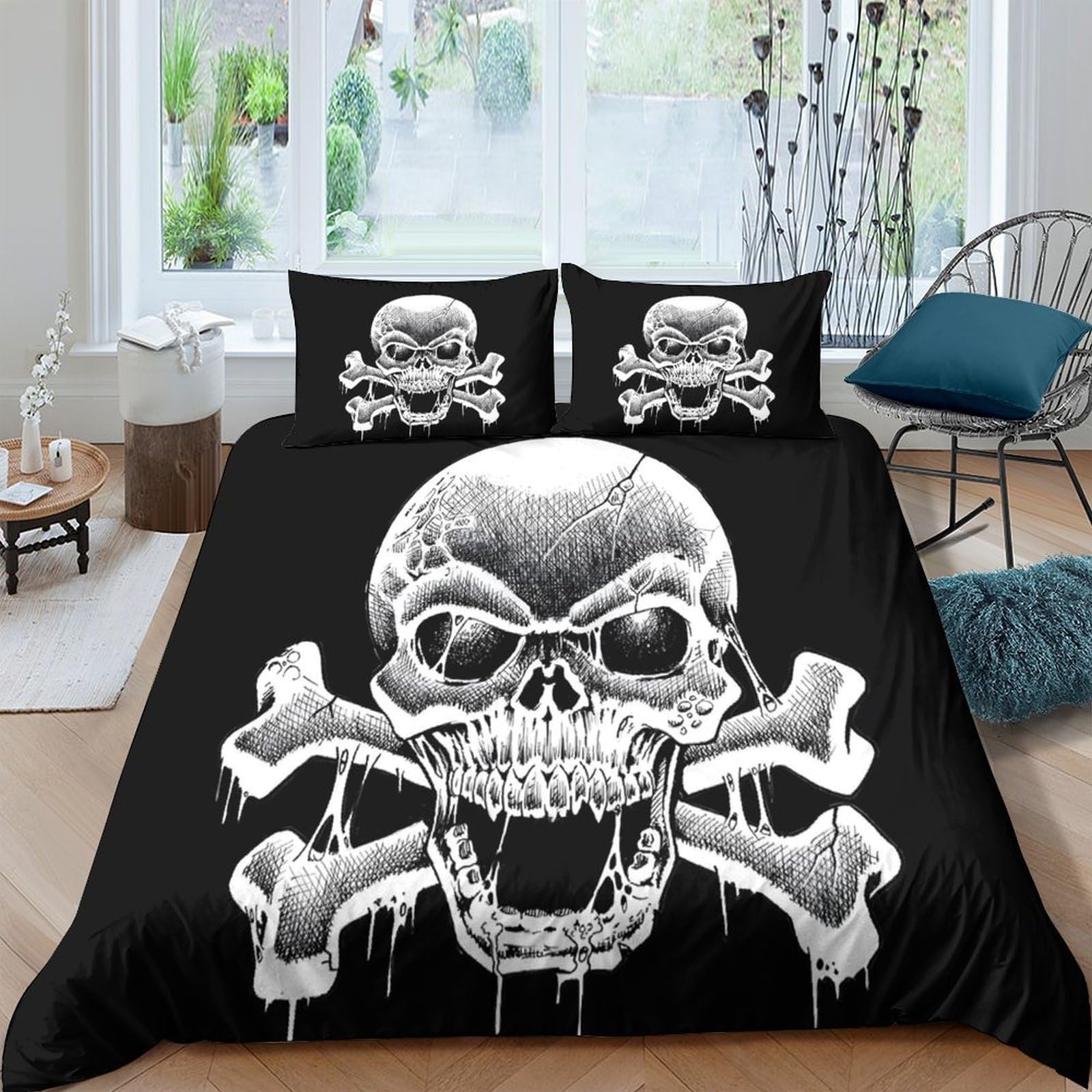 GPLZQXKJNH 3D Printed Skull Crossbones Duvet Cover Set Microfiber Soft Breathable Gothic Bedding with 2 Pillowcases for Bedroom Decor Single（135x200cm）