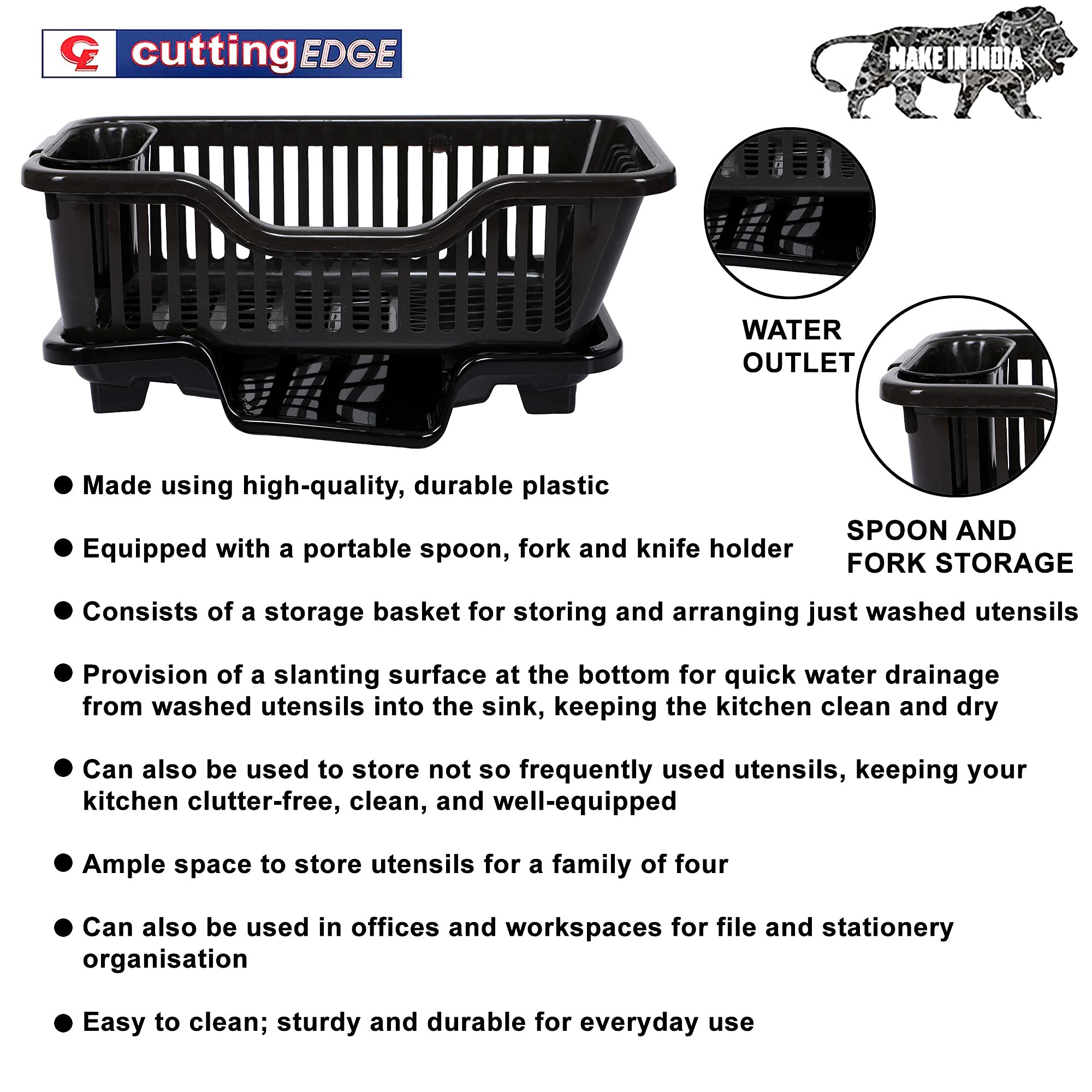Cutting EDGE 3-in-1 Unbreakable Dish Drying Rack with Removable Drainer Tray & Spoon Holder | Heavy-Duty Kitchen Organizer Basket (Dark Brown) - Image 3 thumbnail