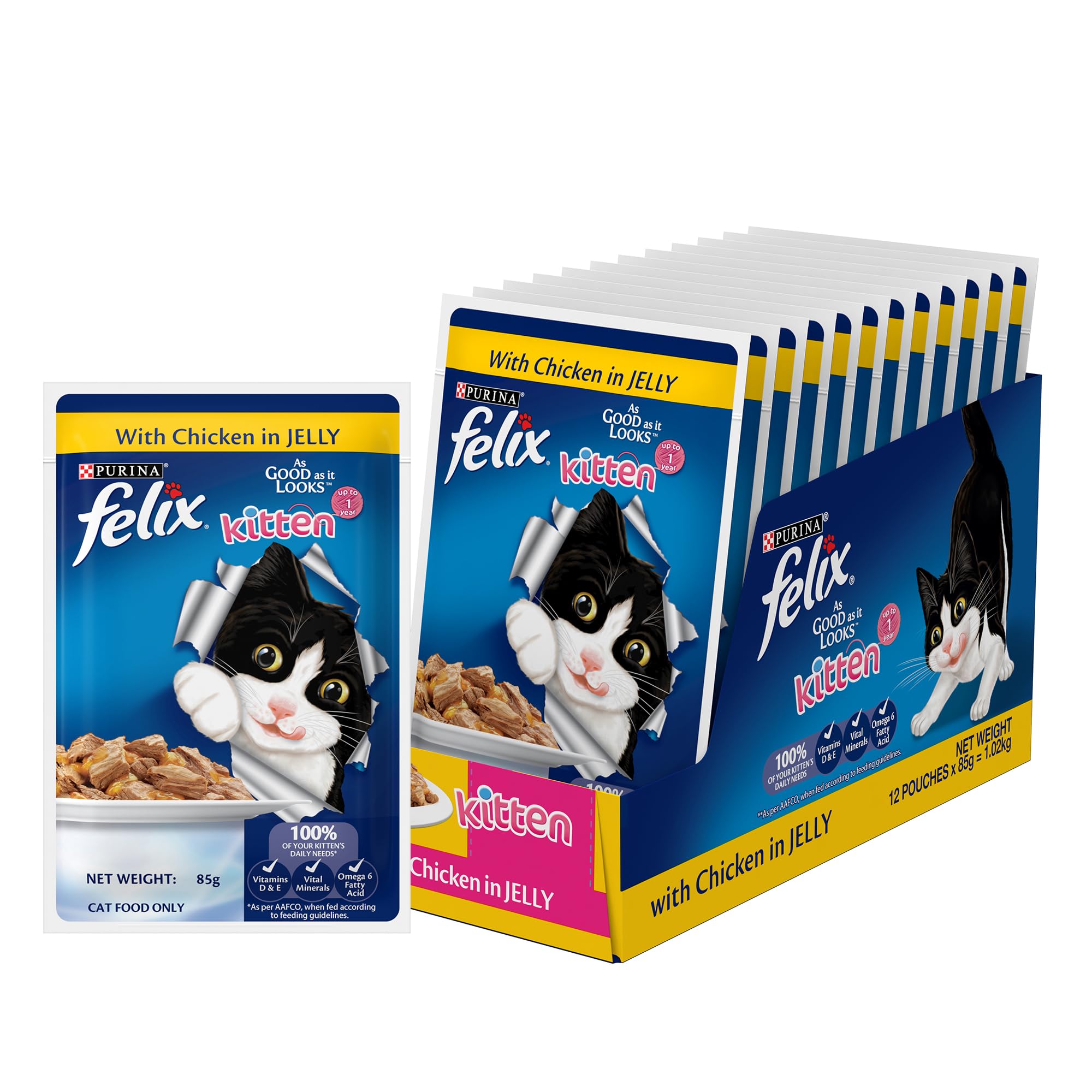 Purina Felix with Chicken in Jelly | Wet Food for Kittens | Complete and Balanced Cat Food, Pack of 12 Pouches (12 x 85 g)