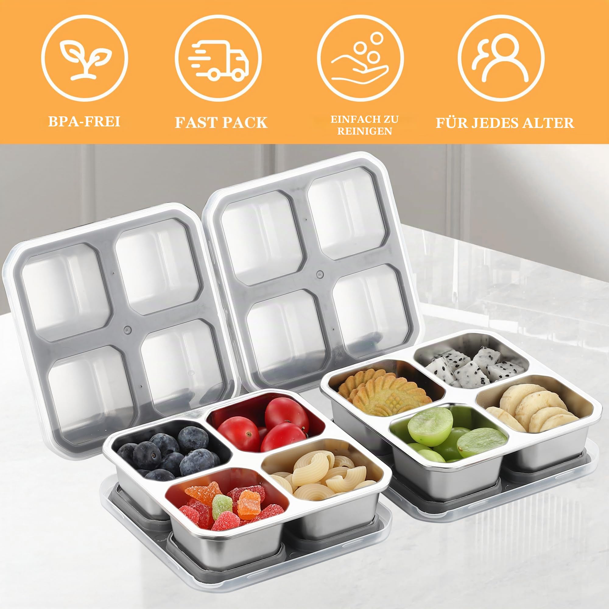 Misichao Snackbox mit 4 Fächern Edelstahl, 400ml Snackdose für Kinder & Erwachsene, Wiederverwendbare Lunchbox Bento Box mit Fächern für Schule, Arbeit & Camping