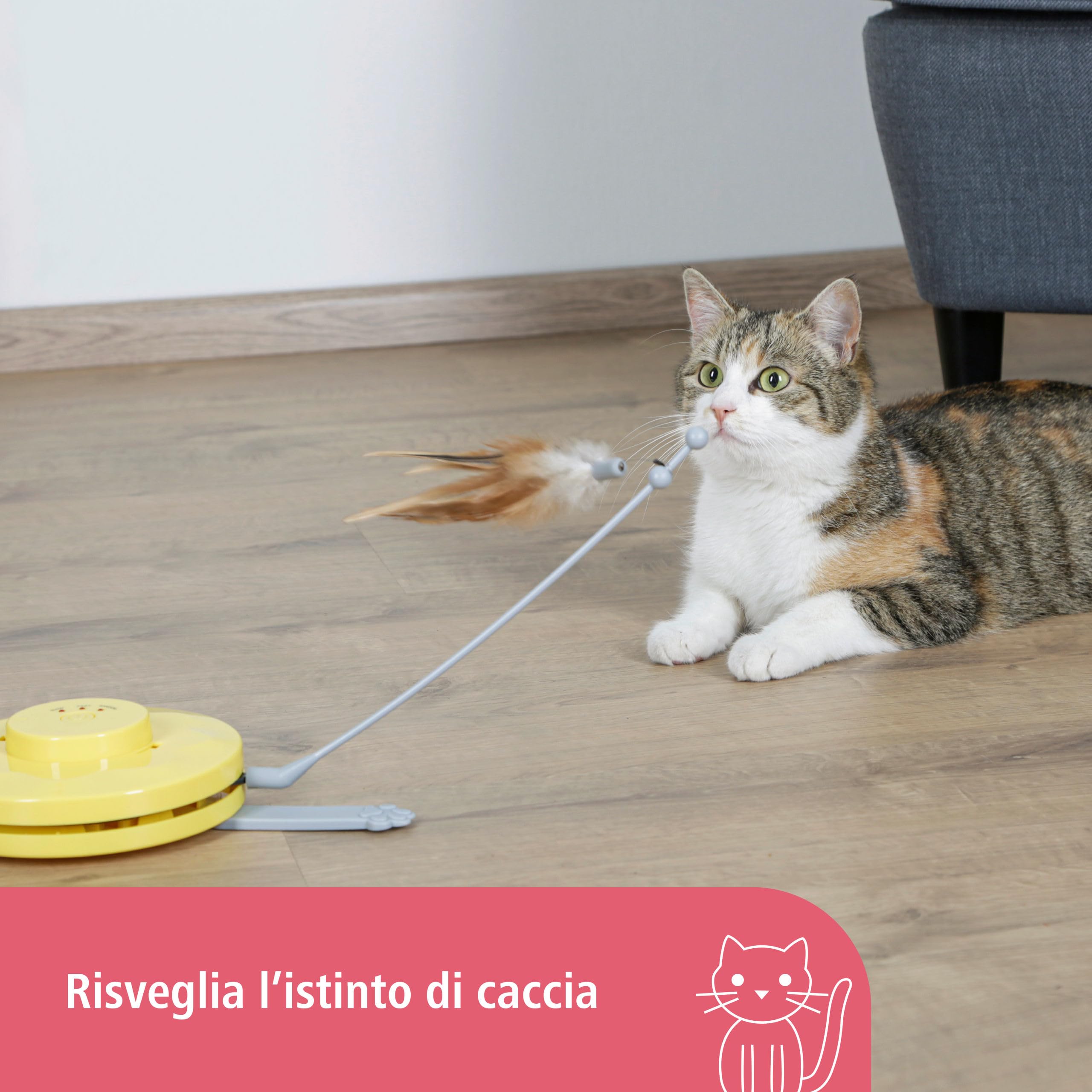Kerbl Pet Giocattoli per Gatti 2 in 1 Catch The Tail Feather, Giallo, Grigio, 70x53x5cm, Nylon, Gatti, Funzione di spegnimento Automatico, Antiscivolo