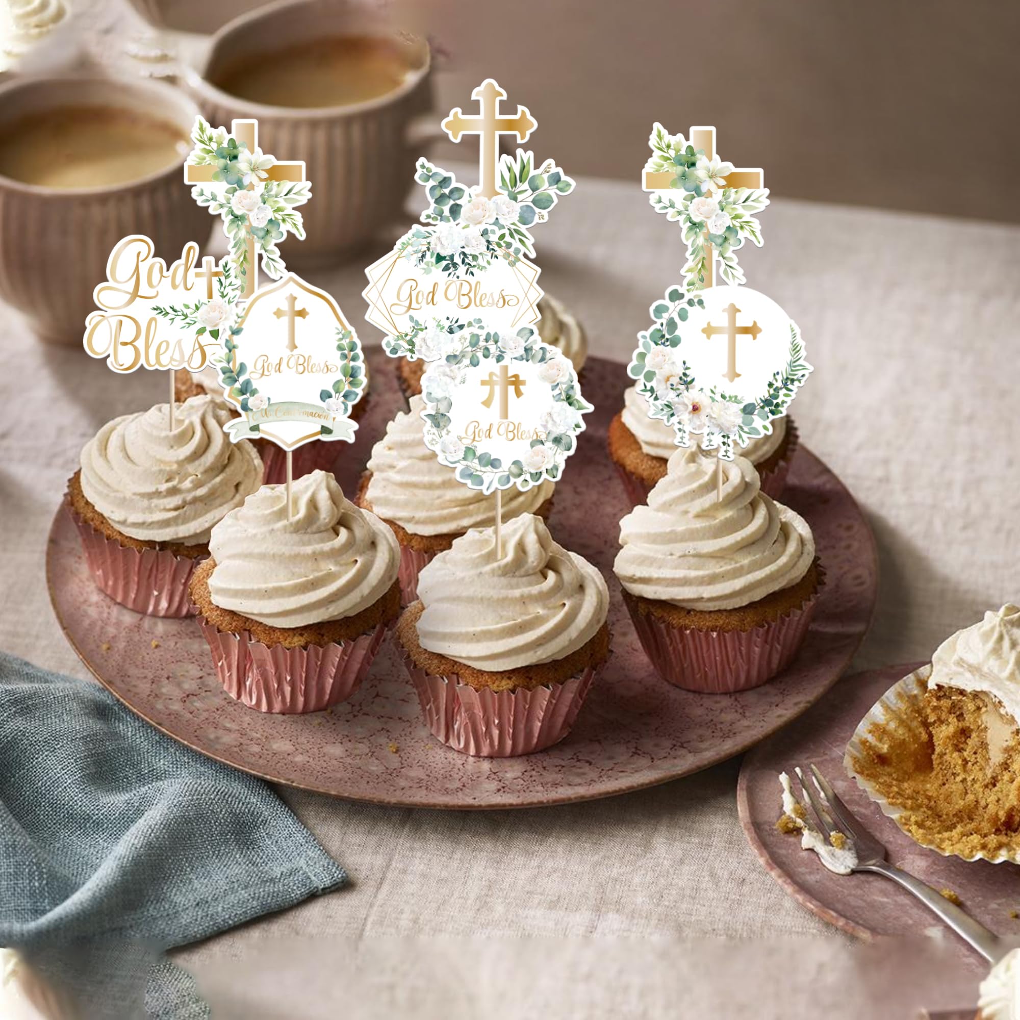 Xsstarmi 35 Pack God Bless Cupcake Toppers Cross White Wreath Cupcake Picks for Christian Baptism Baby Shower Boys Girls First Communion Party Cake Decorations Supplies - Image 4