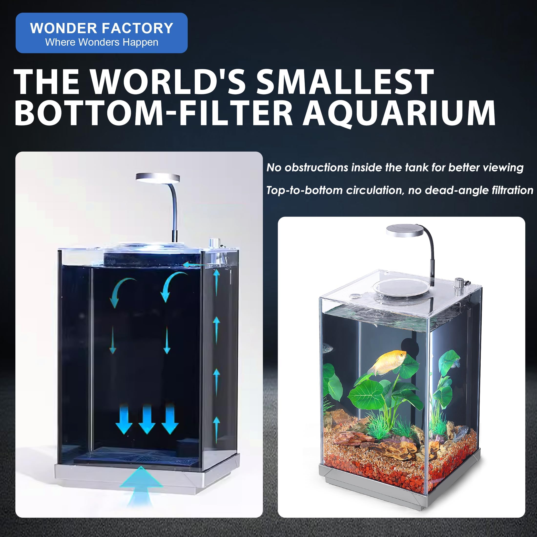 Nano Kit Complet pour Aquarium de Bureau, système de Filtration en Verre avec Fond caché, Filtre autonettoyant, Outil de Nettoyage de Gravier, pour Petit Espace, Installation Facile, Design Peu